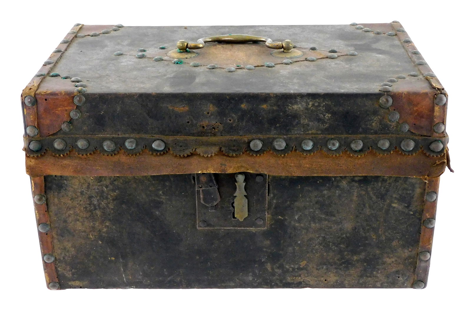 Leather covered hinged lid wooden box, late 19th- early 20th C., rectangular wood construction box (1 of 3)