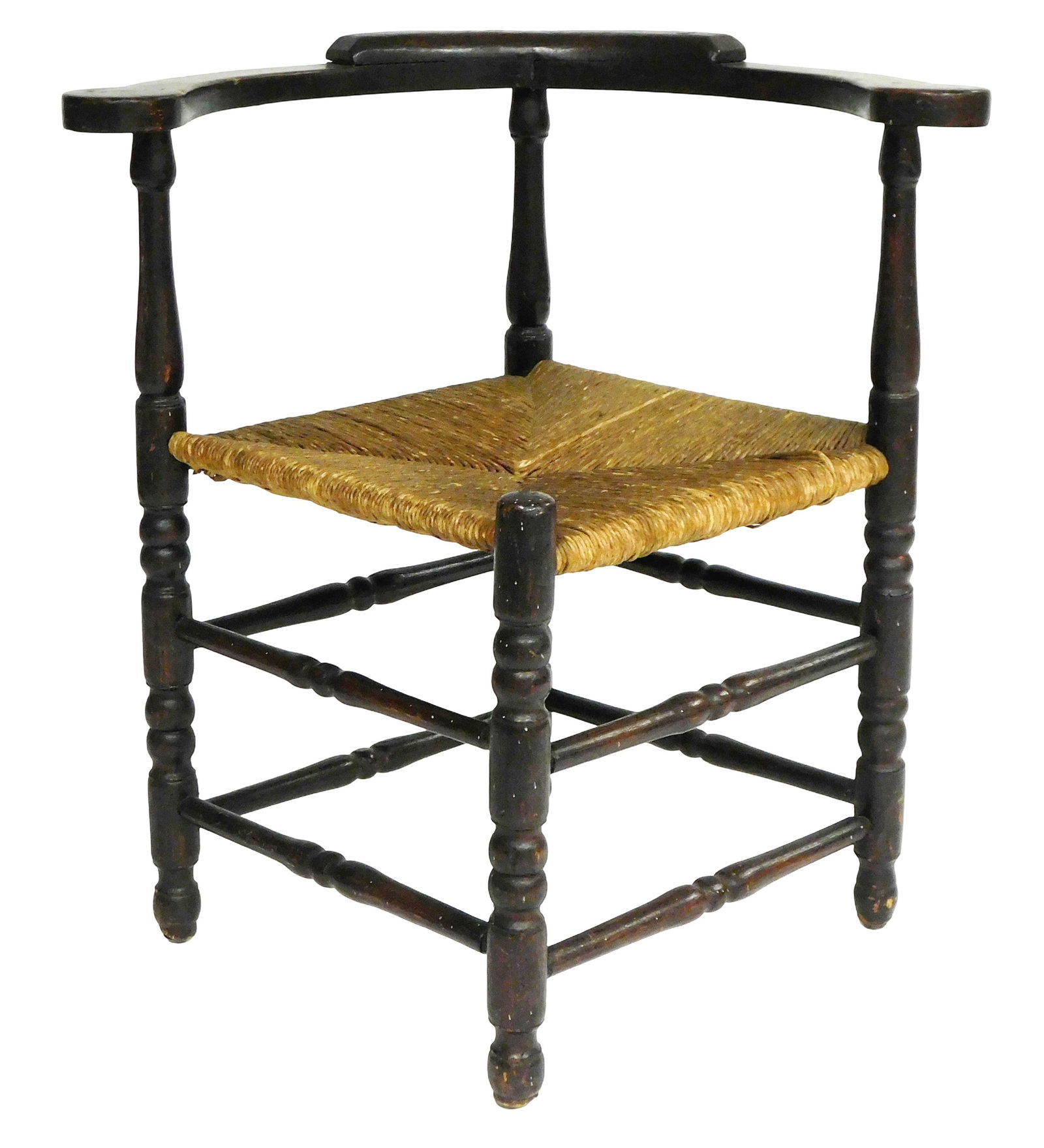 Corner chair, New England, late 18th C., ash and maple, back crest with flat hand holds, on vase and (1 of 4)
