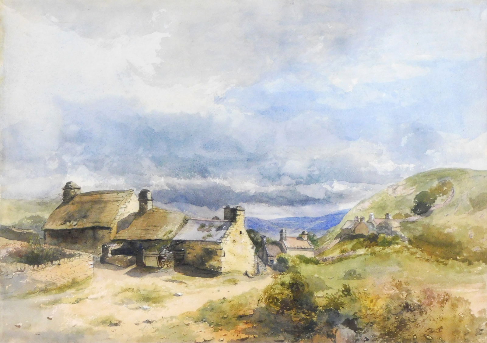 Attributed to J.A. Harper (American, 1824-1896), “On the Ormes Head 1853??, watercolor on paper,: Attributed to J.A. Harper (American, 1824-1896), “On the Ormes Head 1853”, watercolor on paper, gallery label verso, depicts small village of stone houses on a cloudy day in the hills, mountai