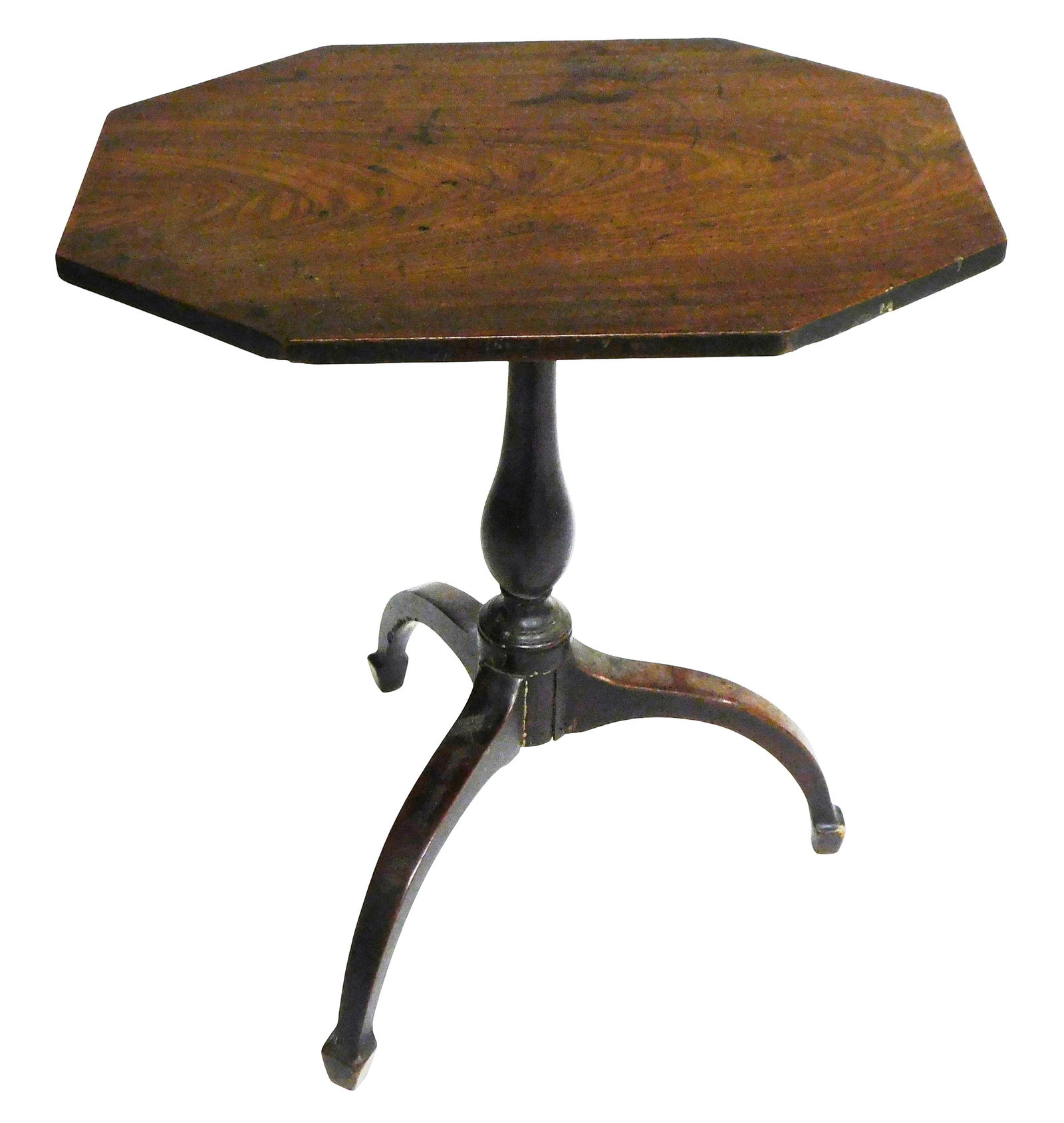 Candlestand, walnut, c.1800, cut corner octagonal tilt top, spider leg therm feet, wear consistent (1 of 4)