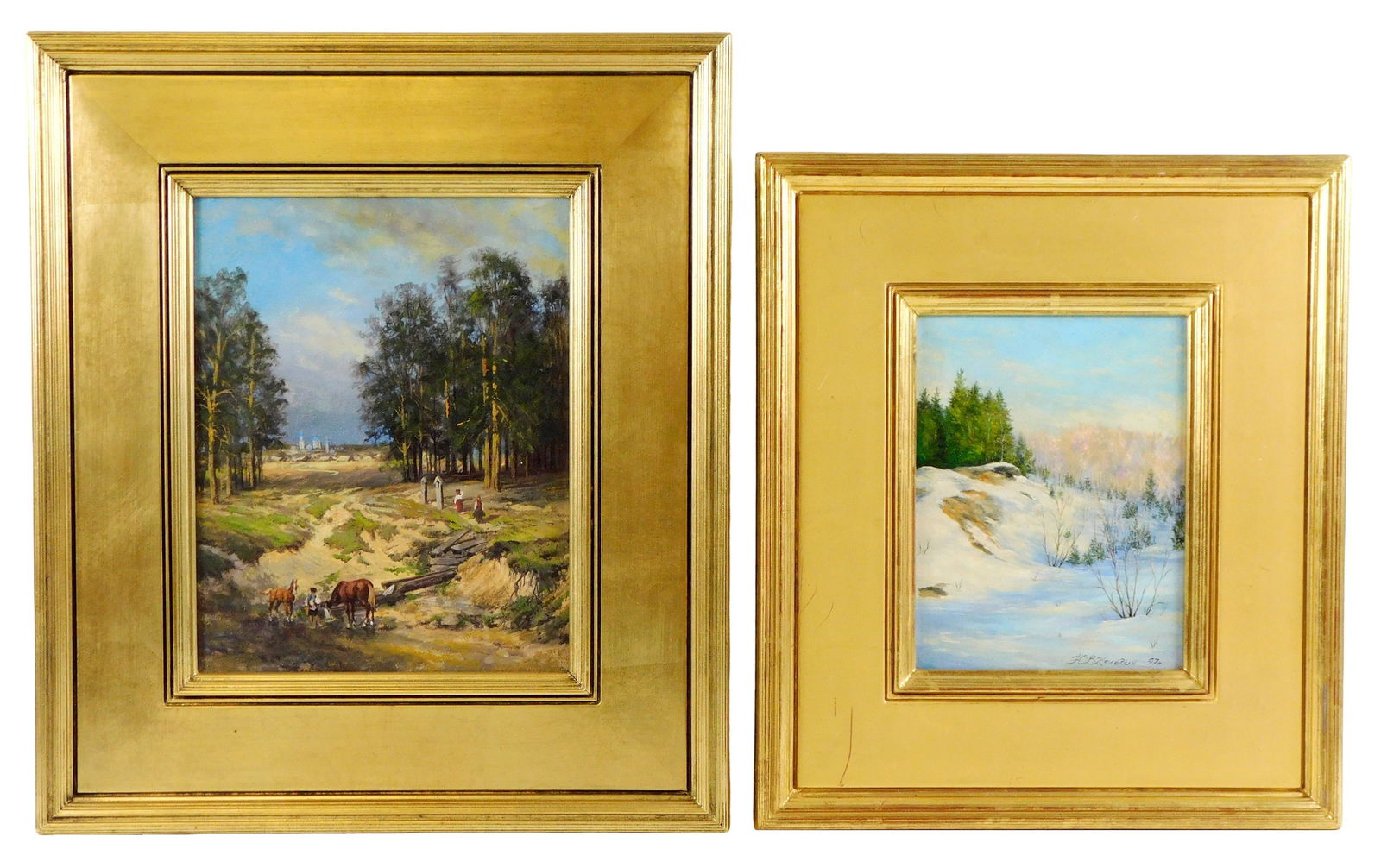 Two 20th C. landscapes, oil on canvas, including: landscape featuring horse watering hole, (1 of 7)
