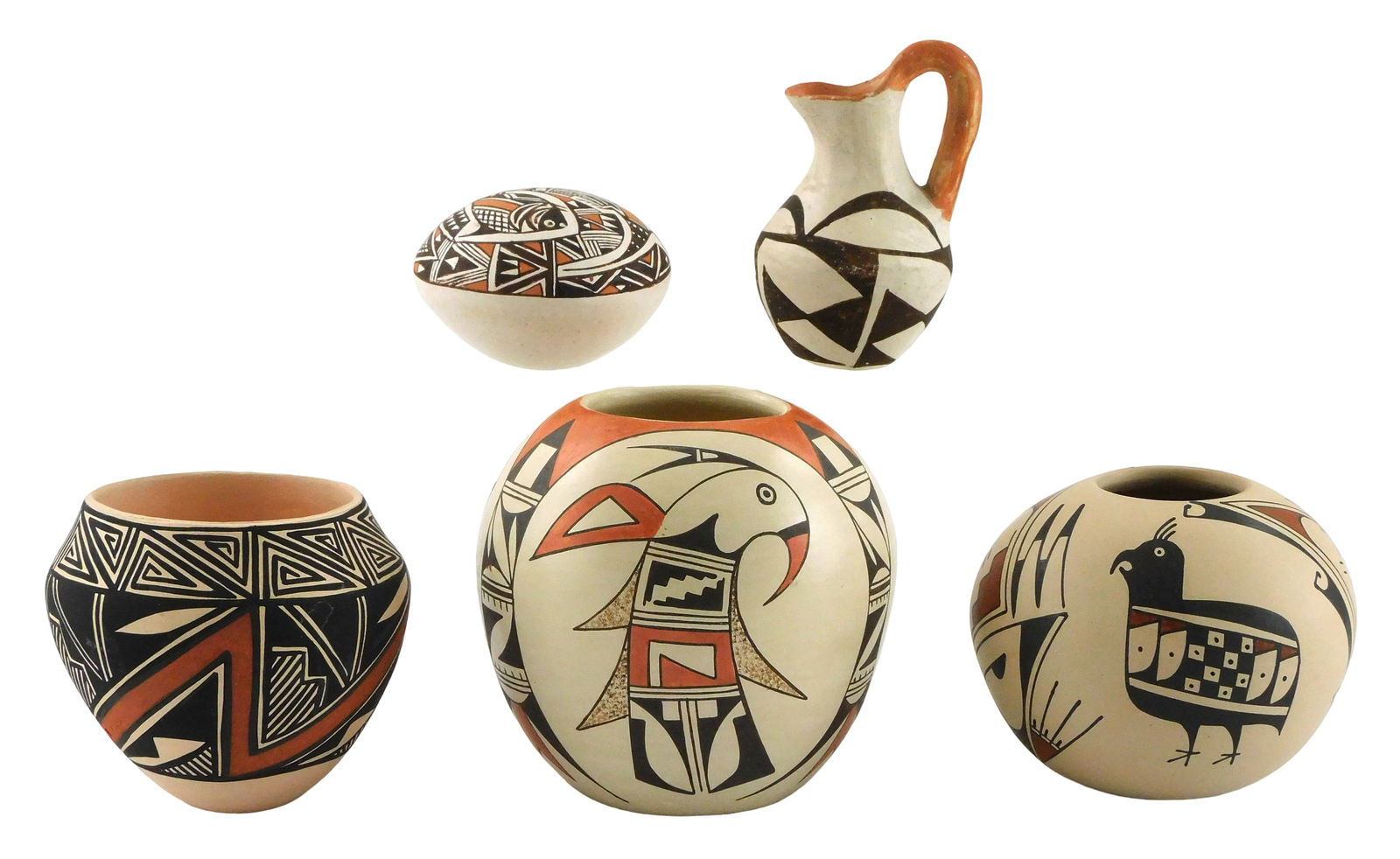 TRIBAL: Five southwestern pottery pieces, seed pots, ollas and pitcher, 20th C., including: Lourdes (1 of 10)