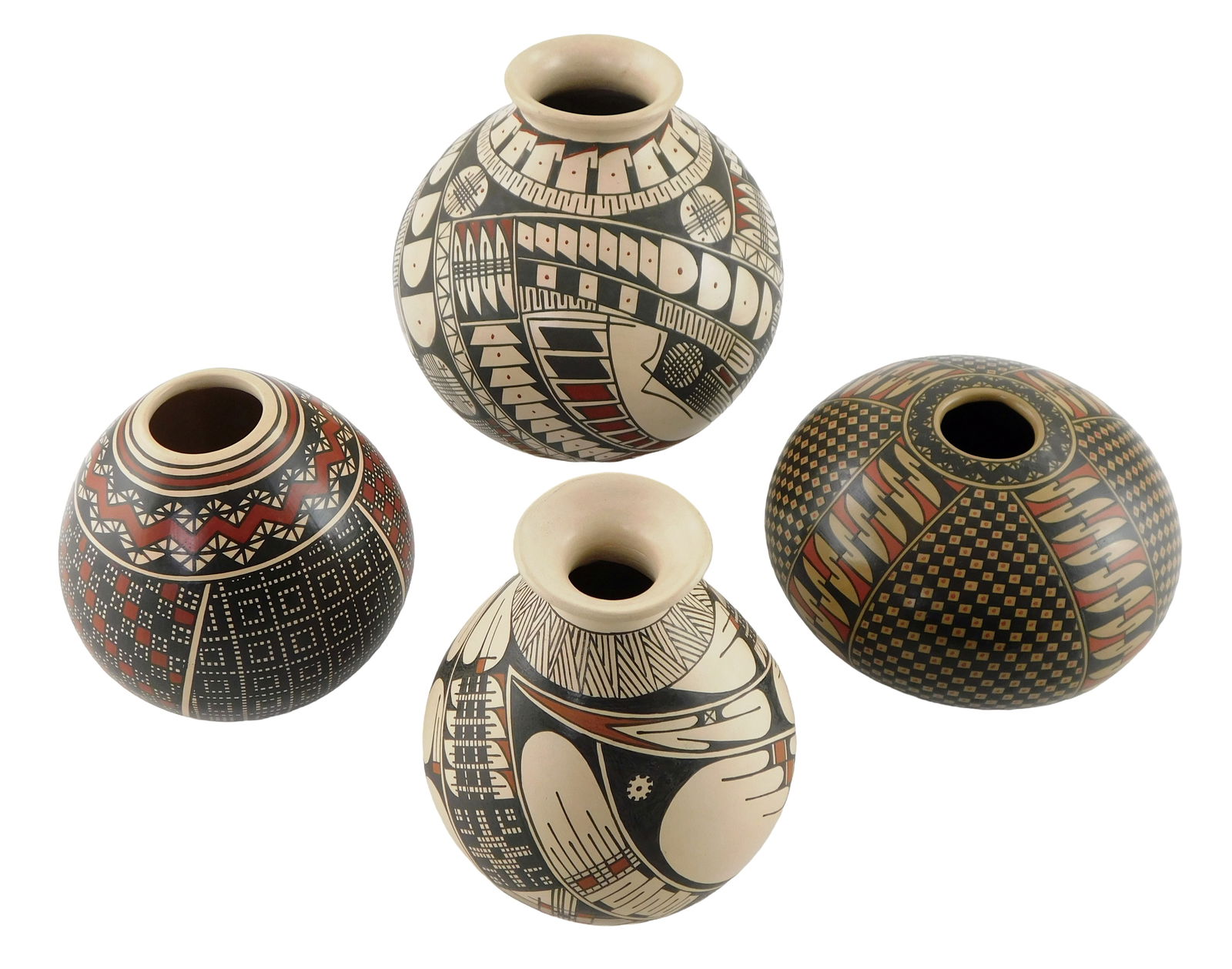 TRIBAL: Four Mata Ortiz pottery vessels, 20th-21st C., all with black, tan and red polychrome (1 of 5)