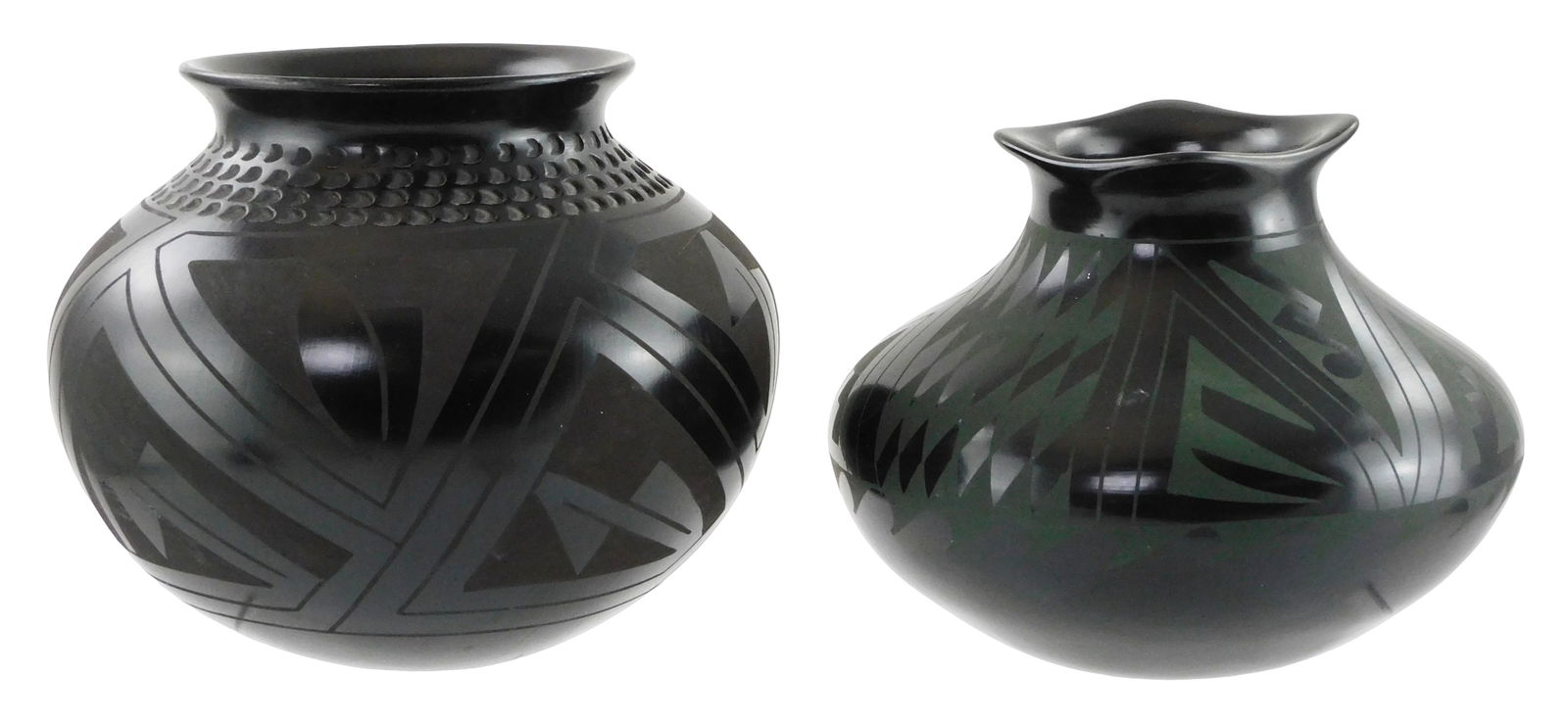 TRIBAL: Two Mata Ortiz blackware pottery vessels, 20th C., both signed, both black on black: TRIBAL: Two Mata Ortiz blackware pottery vessels, 20th C., both signed, both black on black geometric motifs, including: Jeronimo Villalpando low pottery vase or bowl with squared lip, 5 1/2” h.