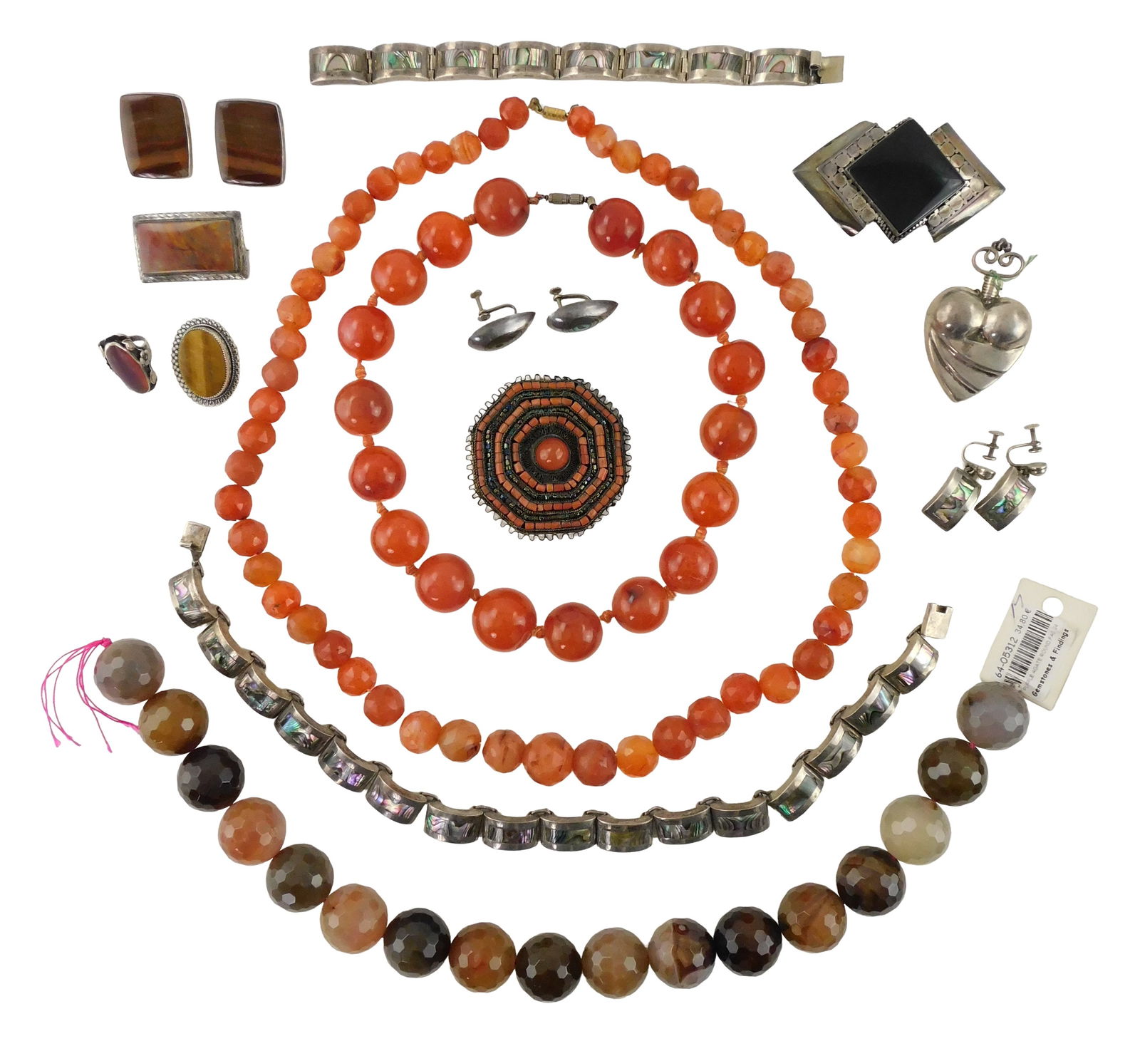JEWELRY: Sterling and semi-precious stone; fourteen pieces including a Mexico silver and abalone: JEWELRY: Sterling and semi-precious stone; fourteen pieces including a Mexico silver and abalone necklace, bracelet and earrings set; agate, onyx, and tigers eye in sterling settings; a strand of face