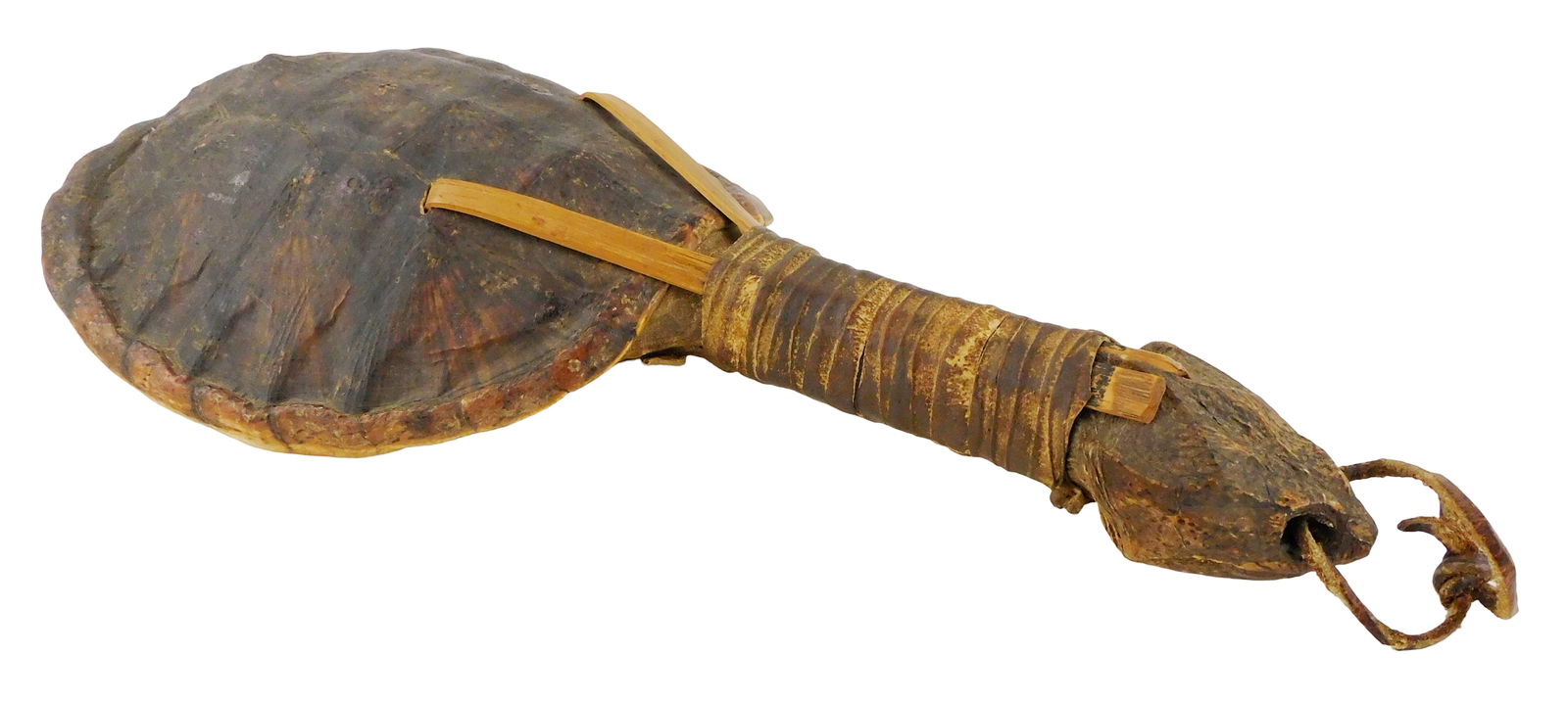 TRIBAL: Ceremonial turtle shell rattle, late 19th C., New England, Iroquois type with splint (1 of 5)