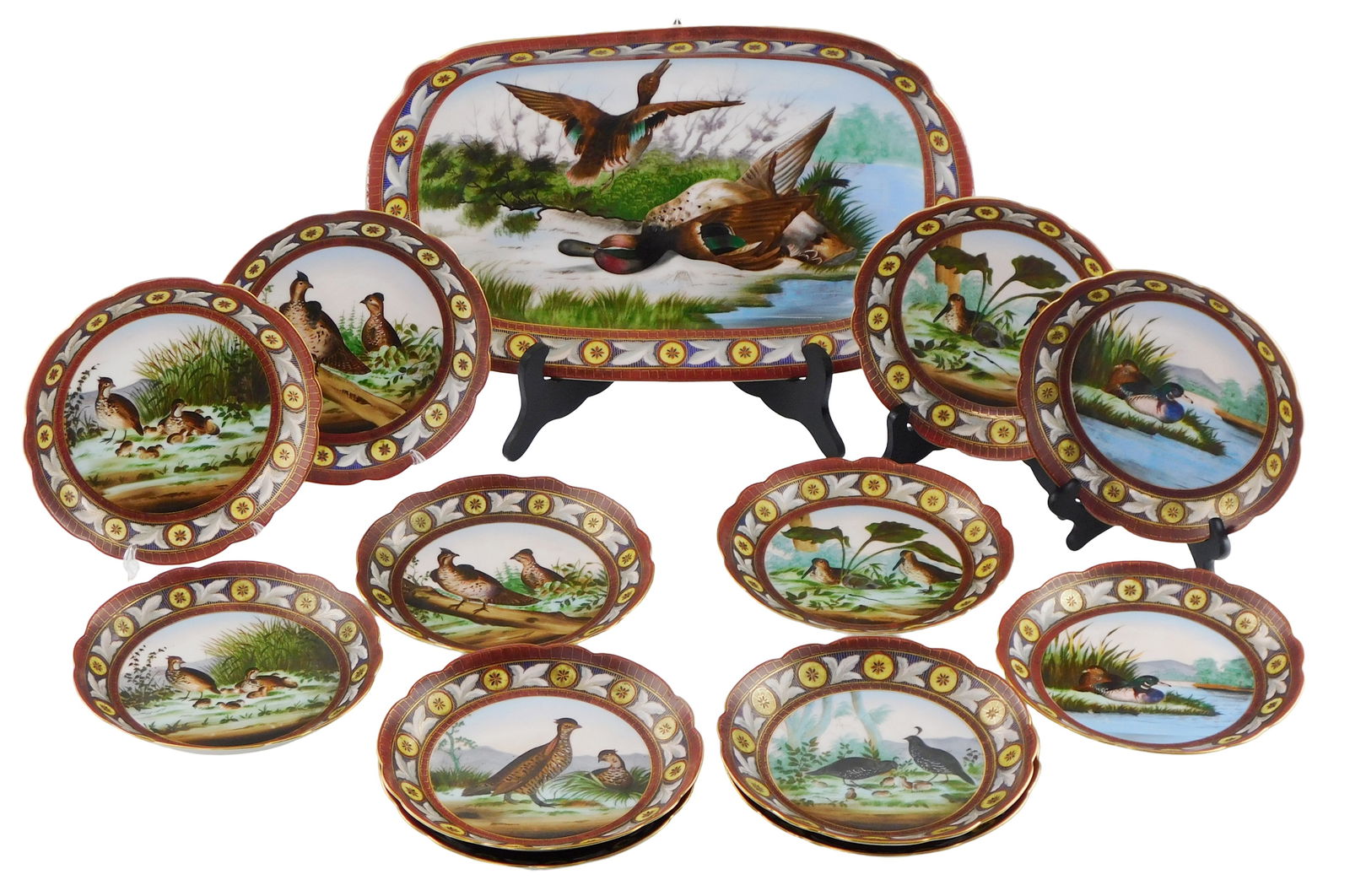 Marx Gutherz Carlsbad avian themed porcelain dish set and platter, thirteen pieces, Austria, 19th (1 of 3)