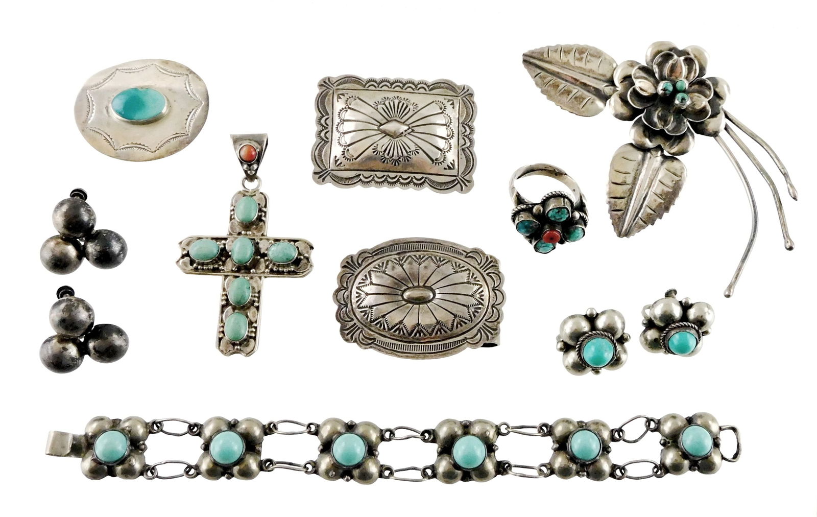 JEWELRY: Nine pieces of Mexico silver; including three belt clips; large floral brooch, cross (1 of 6)