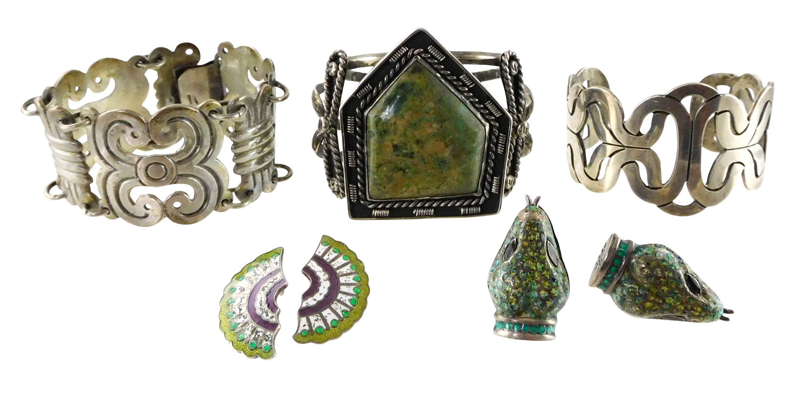 JEWELRY: Mexico silver including Margot de Taxco, enameled snake cufflinks, enameled clip earrings, (1 of 6)