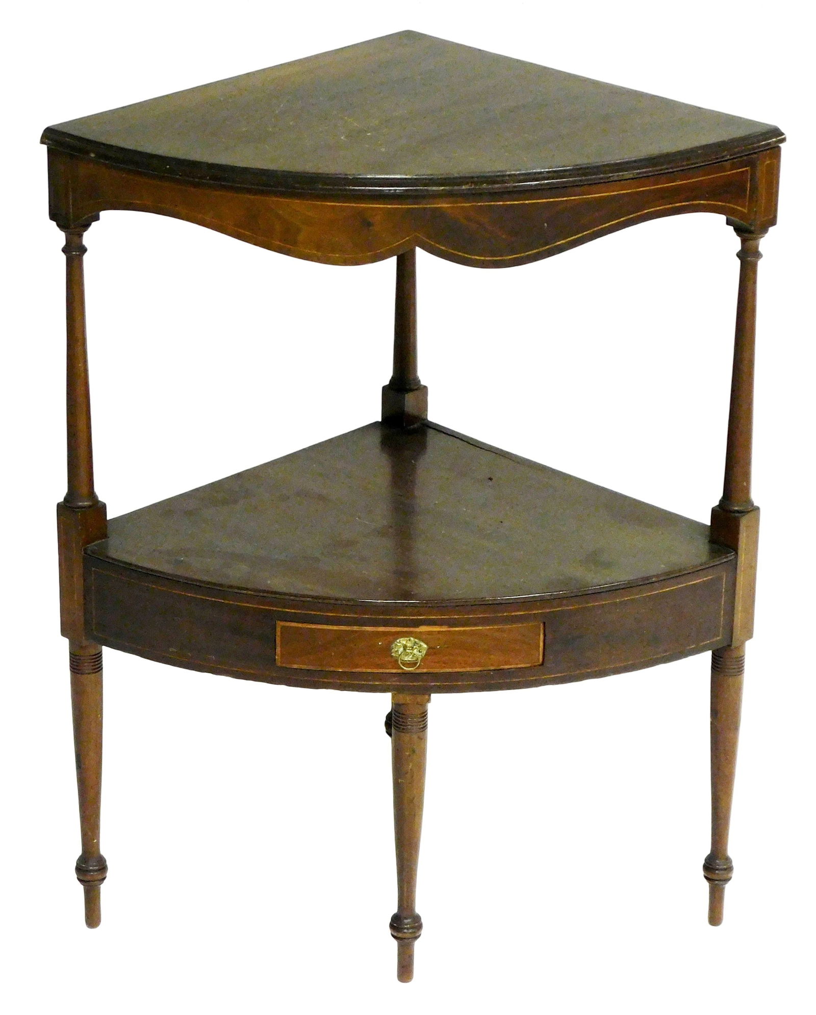 Sheraton inlaid corner washstand, late 18th-early 19th C., two-tiered bow front stand with inlays, (1 of 4)