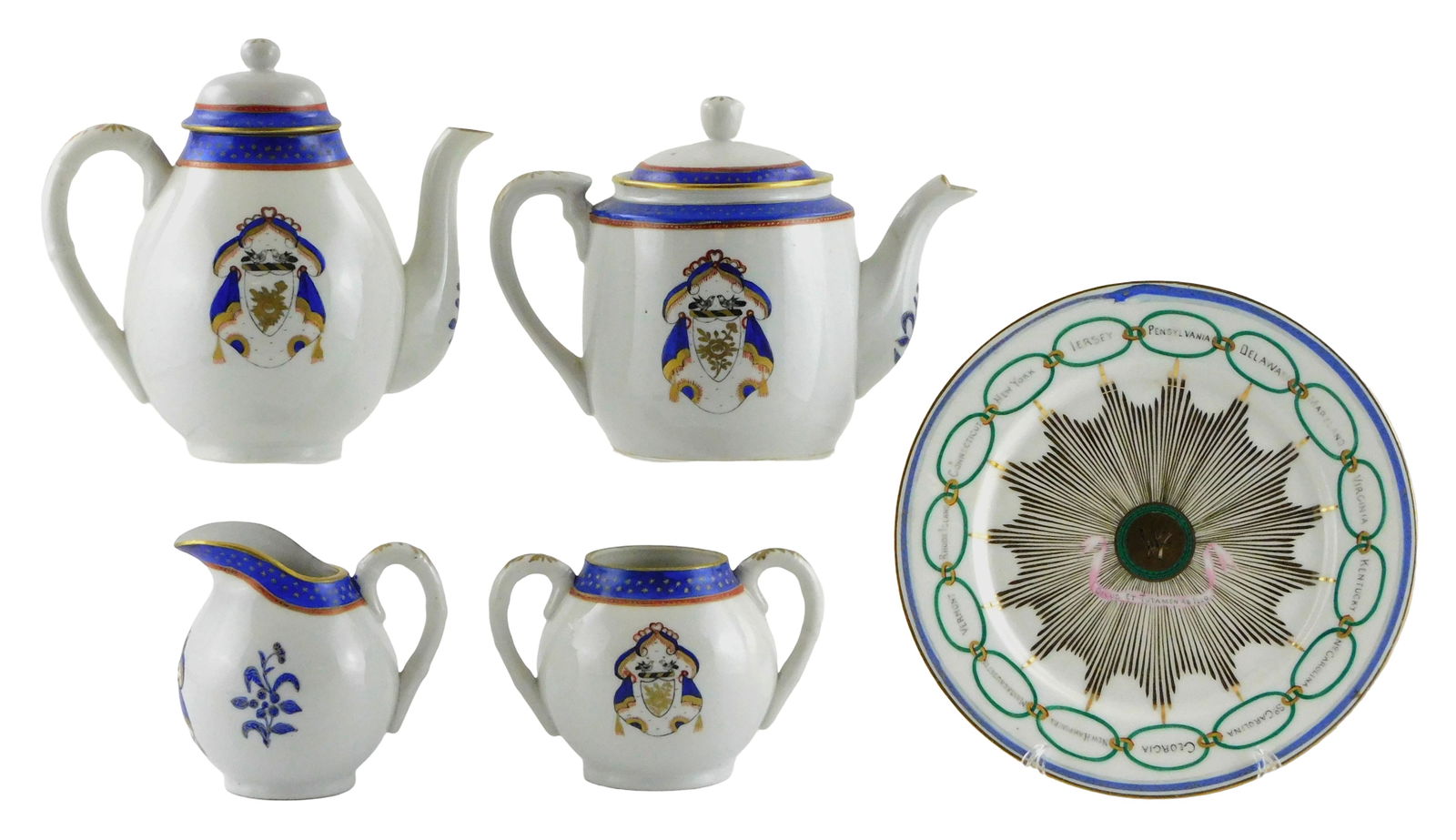 CHINA: Chinese import armorial tea set and Martha Washington plate, 19th-20th C., including: Chinese: CHINA: Chinese import armorial tea set and Martha Washington plate, 19th-20th C., including: Chinese import armorial tea set, all with blue red and gilt designs, tall teapot with lid, short teapot wit