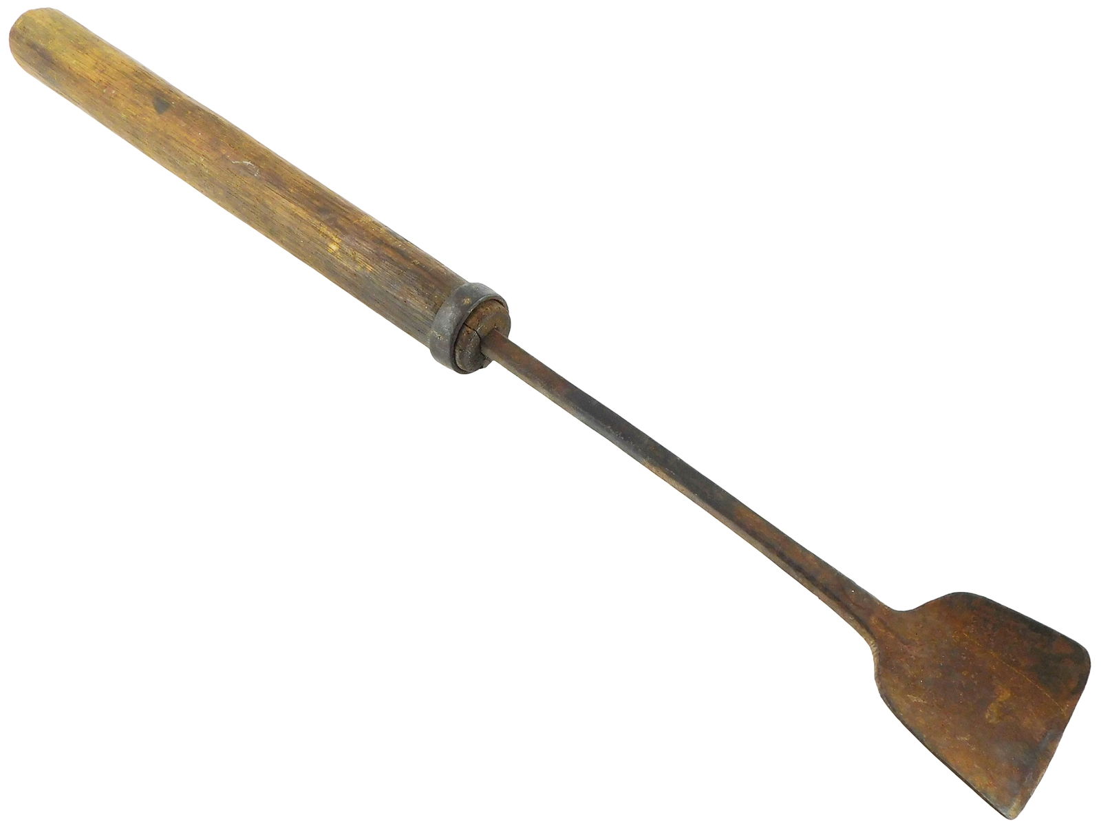 Wrought iron whaling blubber spade, 19th-early 20th C., wood handle with iron ring around joint to: Wrought iron whaling blubber spade, 19th-early 20th C., wood handle with iron ring around joint to prevent splitting, squared iron stem, flares into spade shaped head, sharpened edge for scraping, no