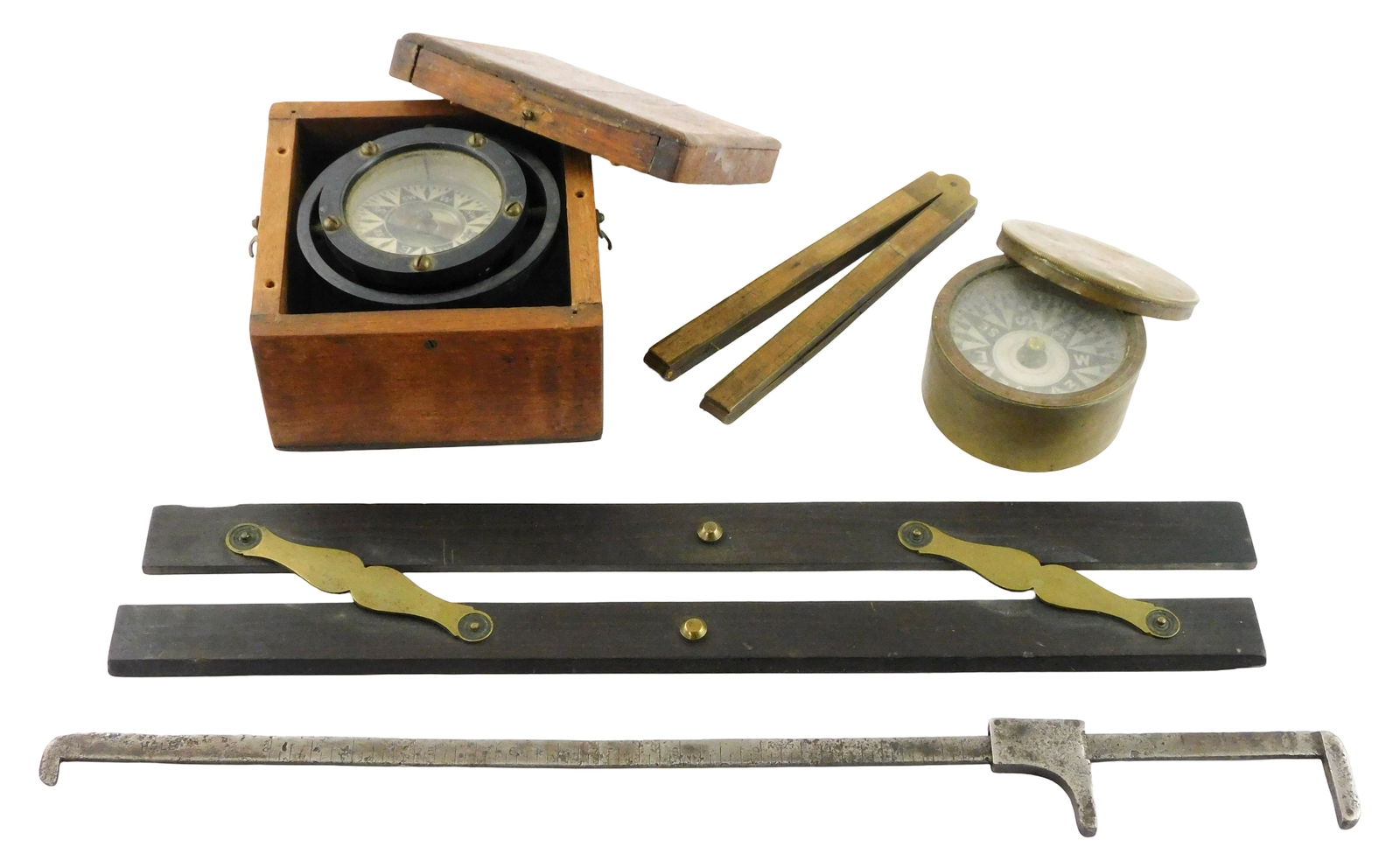Five early measuring tools, nautical and others, 19th-20th C., including: Stanely No. 62 boxwood (1 of 3)