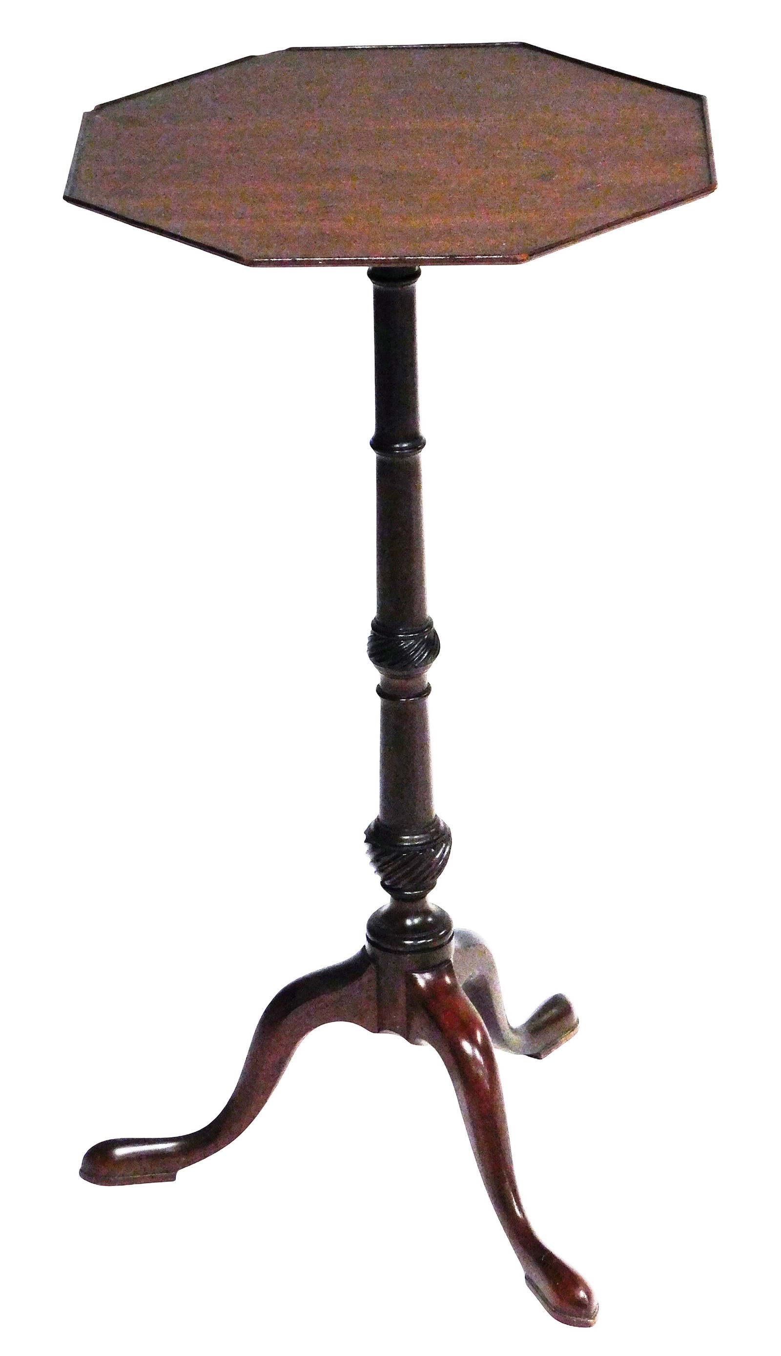 Nathan Margolis candle stand, Hartford CT, c.1930’s, mahogany, octagonal top with ring turned: Nathan Margolis candle stand, Hartford CT, c.1930’s, mahogany, octagonal top with ring turned base, turned urn standard ending in tripod base, cabriole legs with slippers, burned “Margolis”