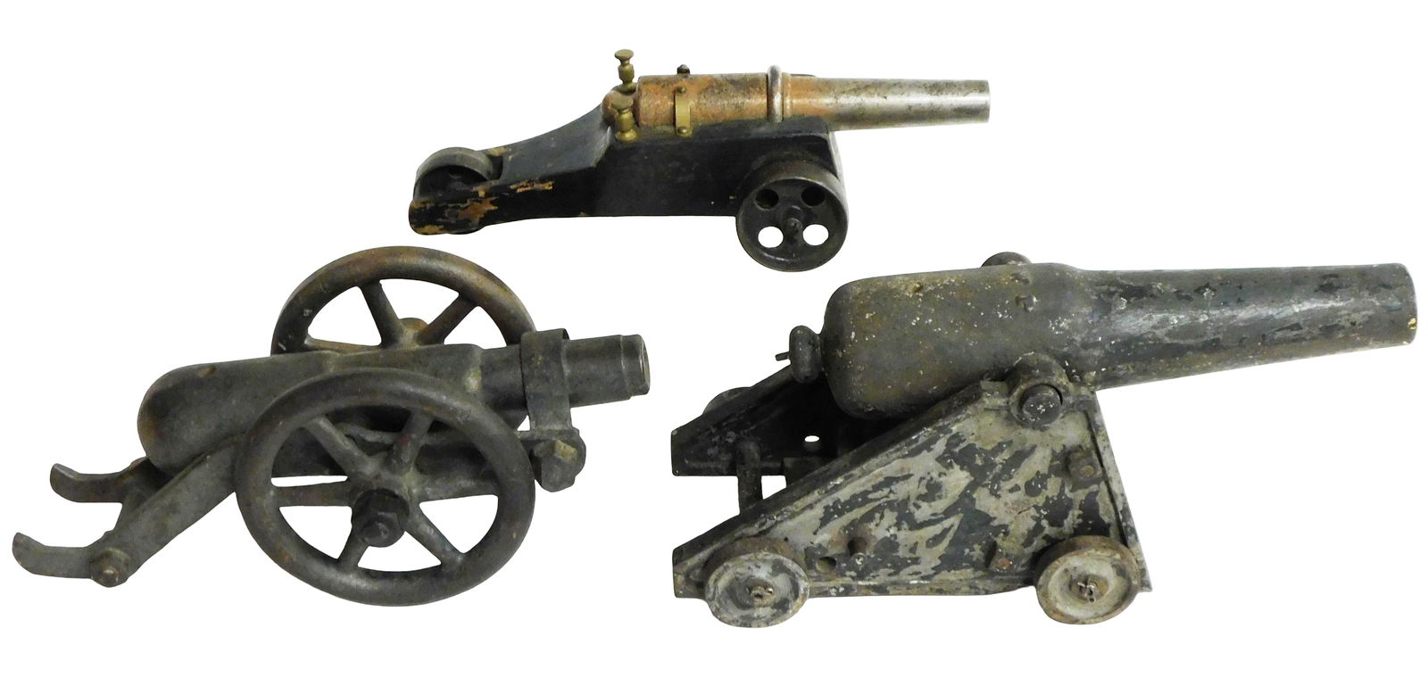 Three iron signal cannons, 19th-20th C., including: iron cannon, homemade three wheeled wooden (1 of 3)