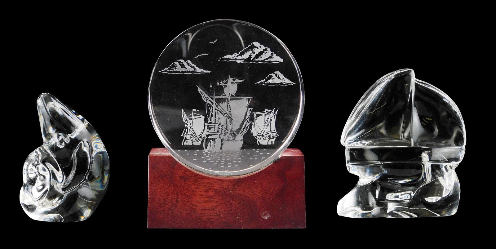 ART GLASS: Three Steuben oceanic themed crystal paperweights, all signed, including: “Sail (1 of 4)
