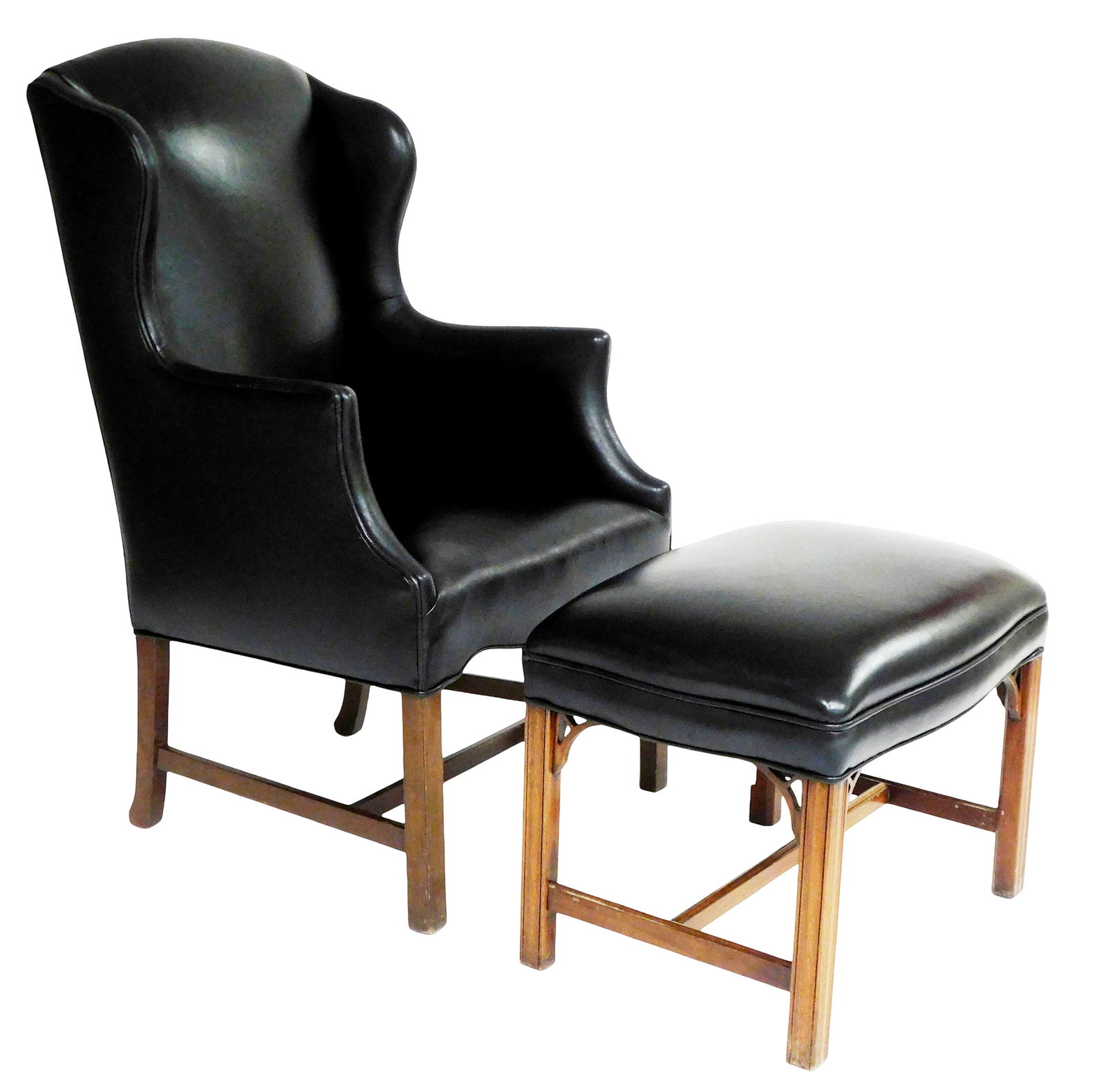 Leather wingback chair and ottoman, black leather over wood legs, H frame stretchers, wear (1 of 4)