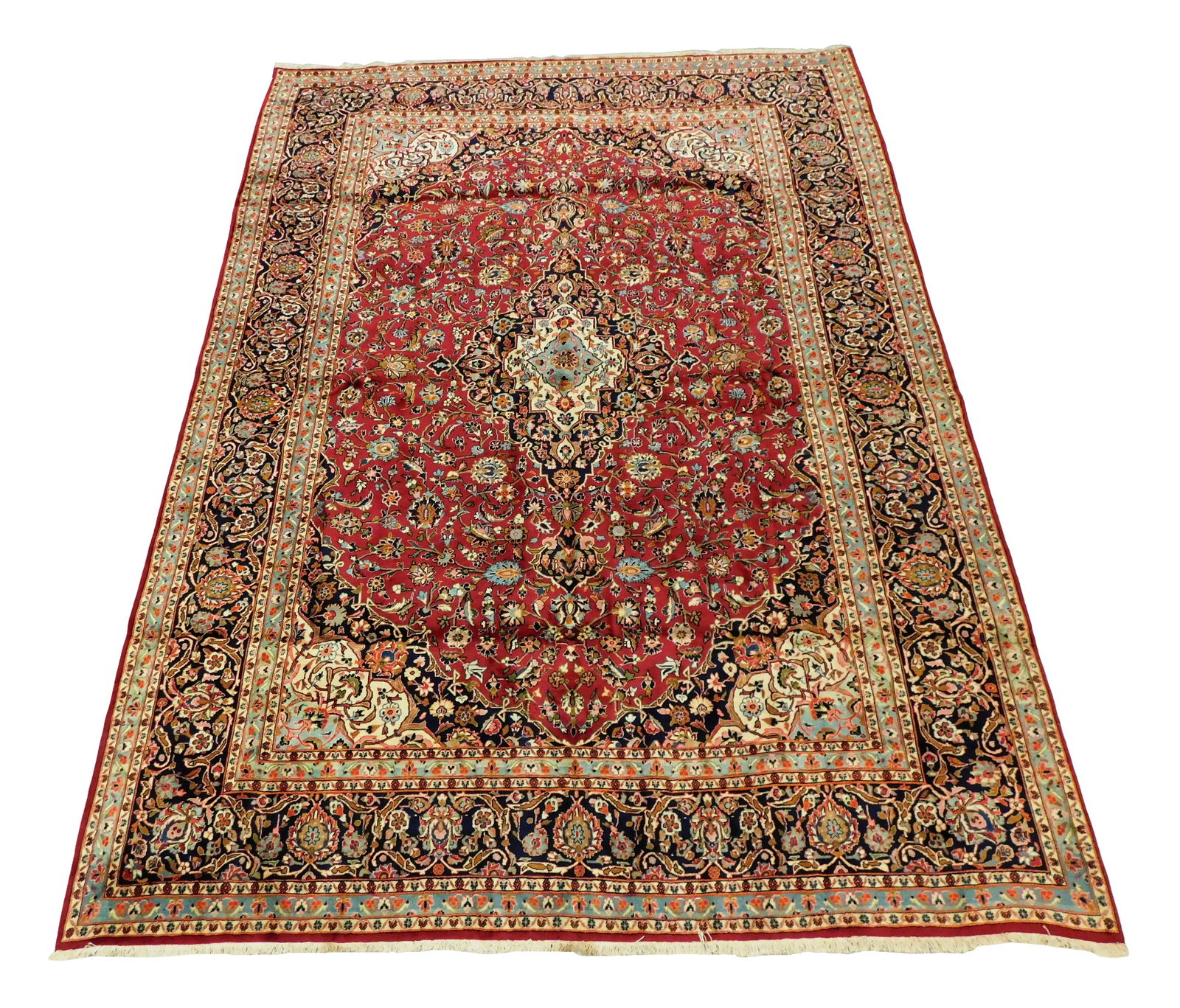 RUG: Persian Kashan style, contemporary, wool on cotton, repeating floral motifs, central medallion (1 of 3)