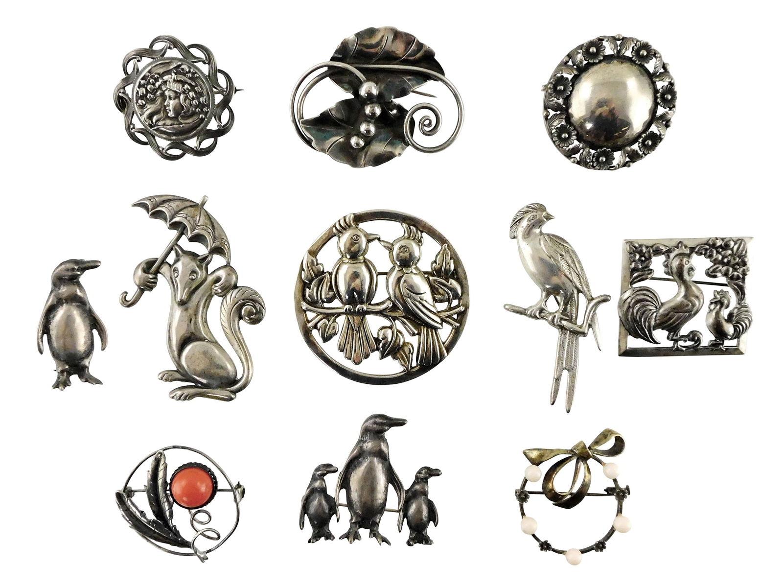 STERLING: La Paglia for George Jensen, Corocraft, Truart, etc., eleven brooches, all marked (1 of 5)