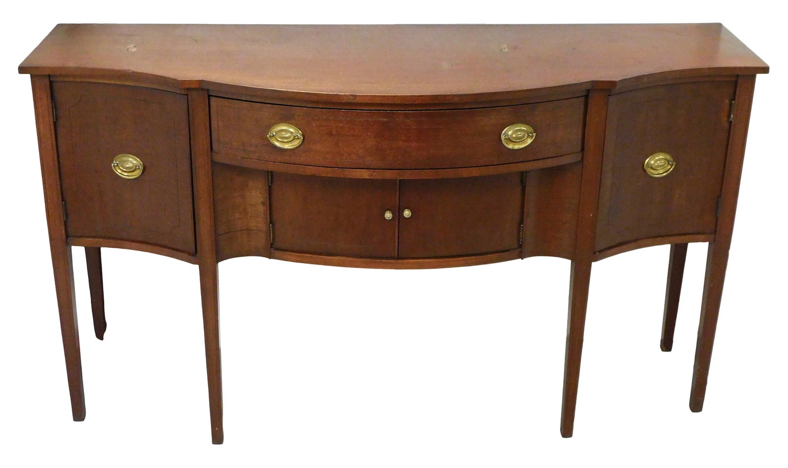 Hepplewhite style sideboard, 20th C., shaped top, conforming case, central long drawer over two (1 of 6)