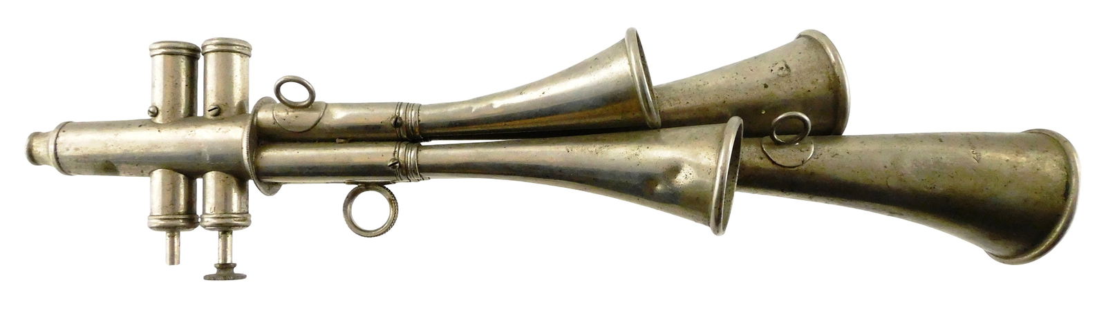 'Signal' brand four trumpet signaling horn, c. 1910, automotive or pedestrian warning horn with four: 'Signal' brand four trumpet signaling horn, c. 1910, automotive or pedestrian warning horn with four horns and two valves, makers stamp on one horn, wear consistent with age and use including one valv