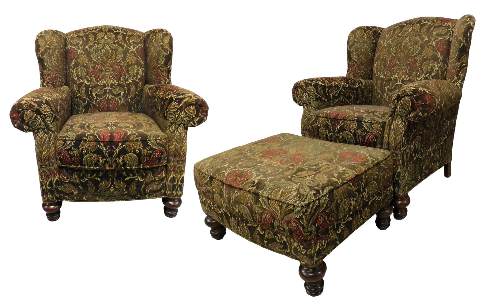 Pair of Wesley Hall contemporary wingback armchairs with one matching ottoman, scrolled arms, high (1 of 6)