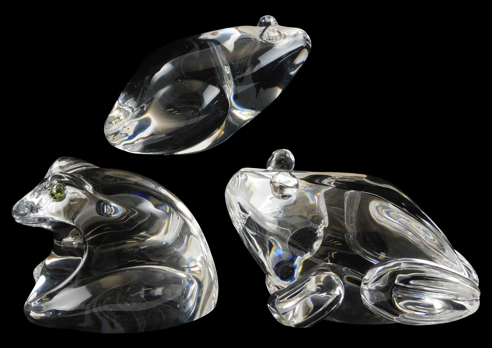 ART GLASS: Three Steuben crystal frog and toad figures, all signed on base, including: bullfrog, (1 of 3)
