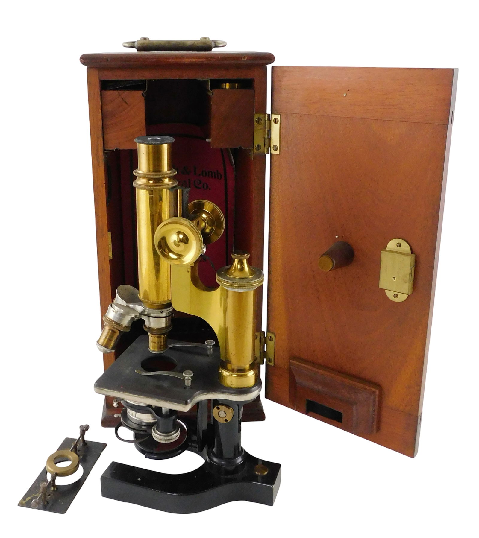 Bausch and Lomb cased microscope, America, c. 1900s-1910s, model 53031 brass microscope with three (1 of 4)