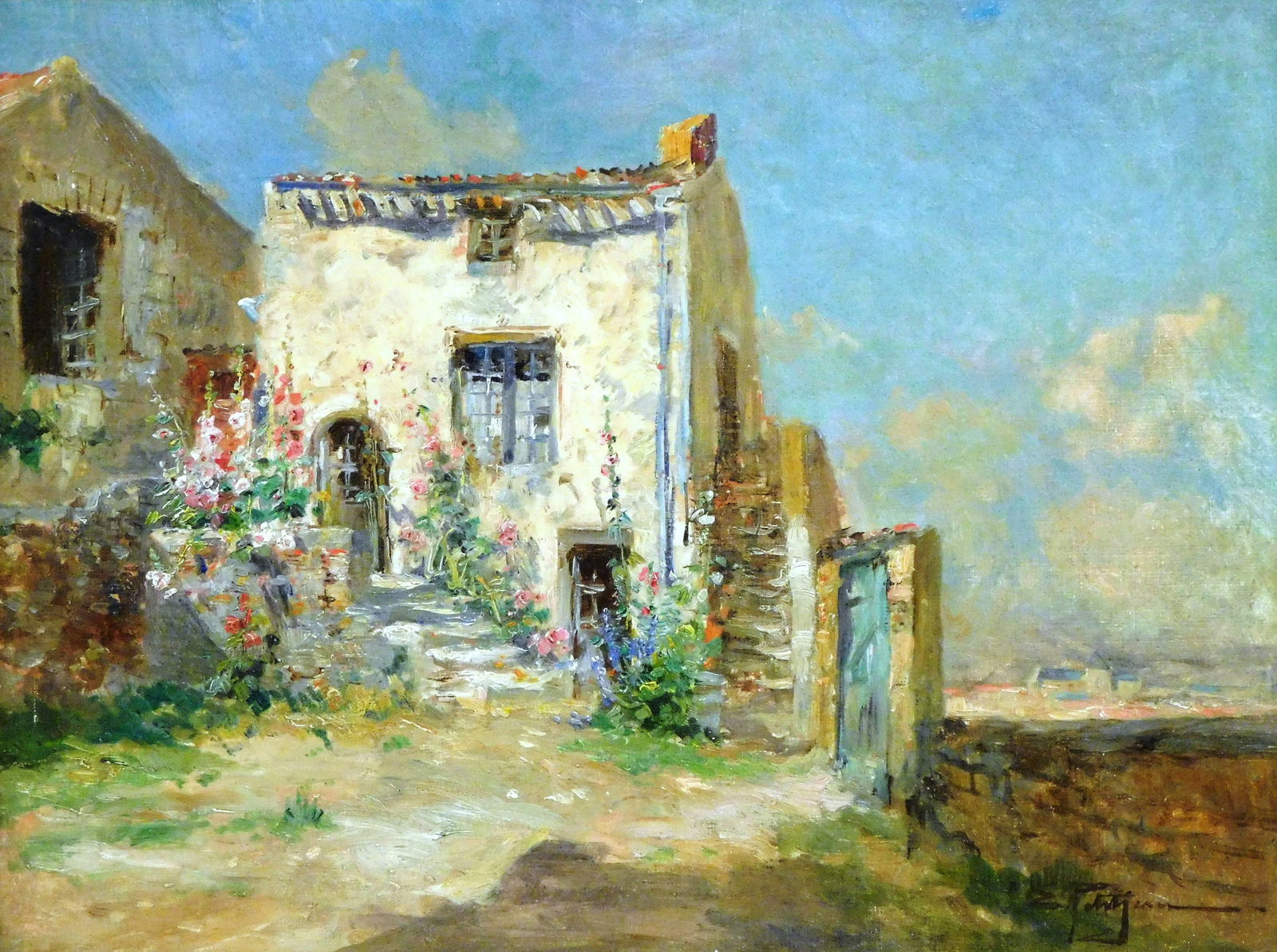 Edmond M. Petitjean (France, 1844-1925), oil on canvas, landscape featuring stucco villa with garden: Edmond M. Petitjean (France, 1844-1925), oil on canvas, landscape featuring stucco villa with garden of tall red flowers, beyond the home is a distant town, signed lower right, molded gilt frame with