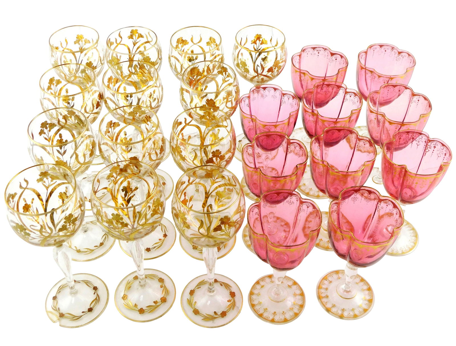 Bohemian Moser style stemware, twenty-three pieces, including: ten quatrefoil form cranberry and (1 of 4)
