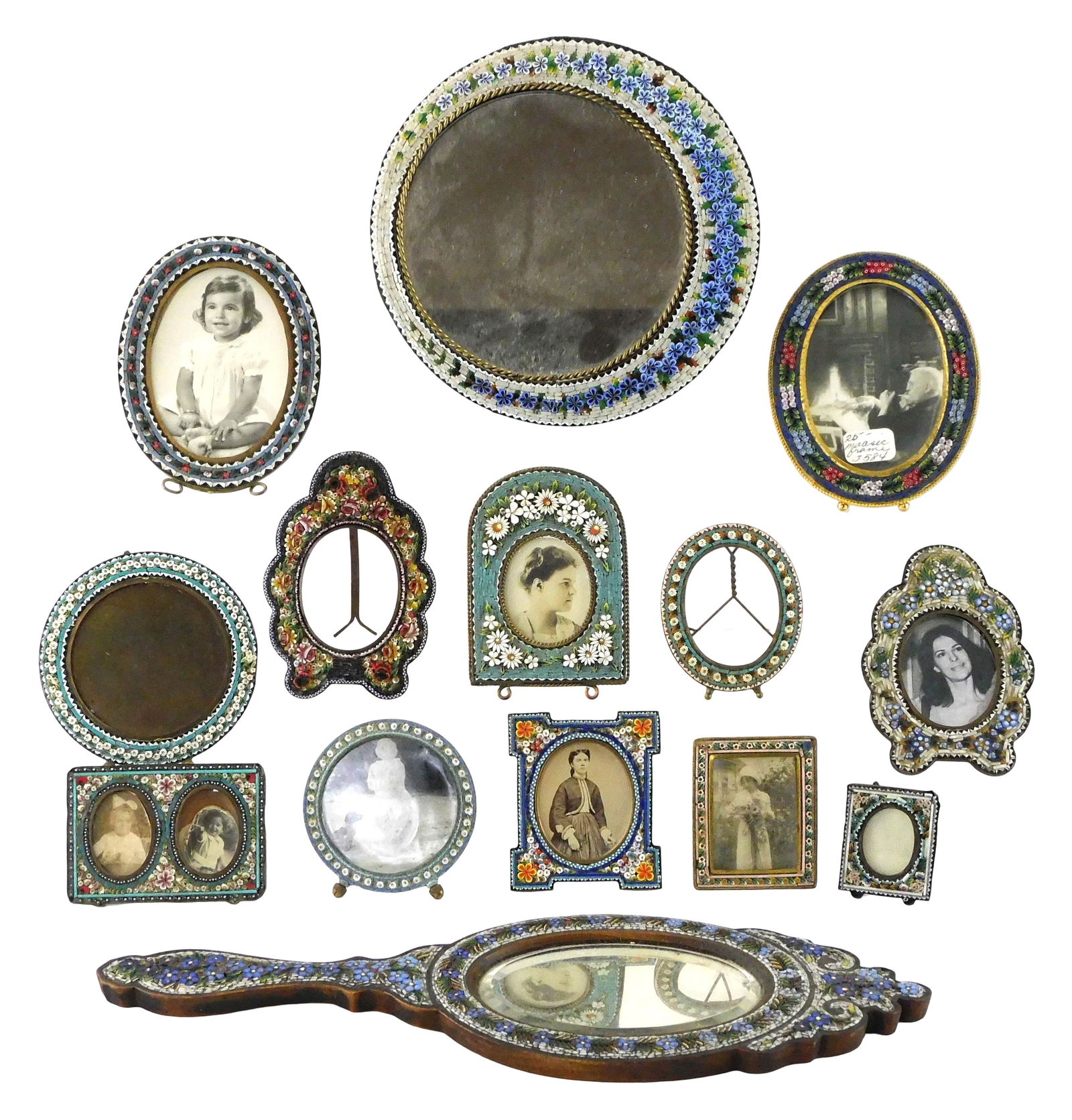 Fourteen micro mosaic frames and mirrors, details include: two mirrors, one a handheld; twelve small (1 of 4)