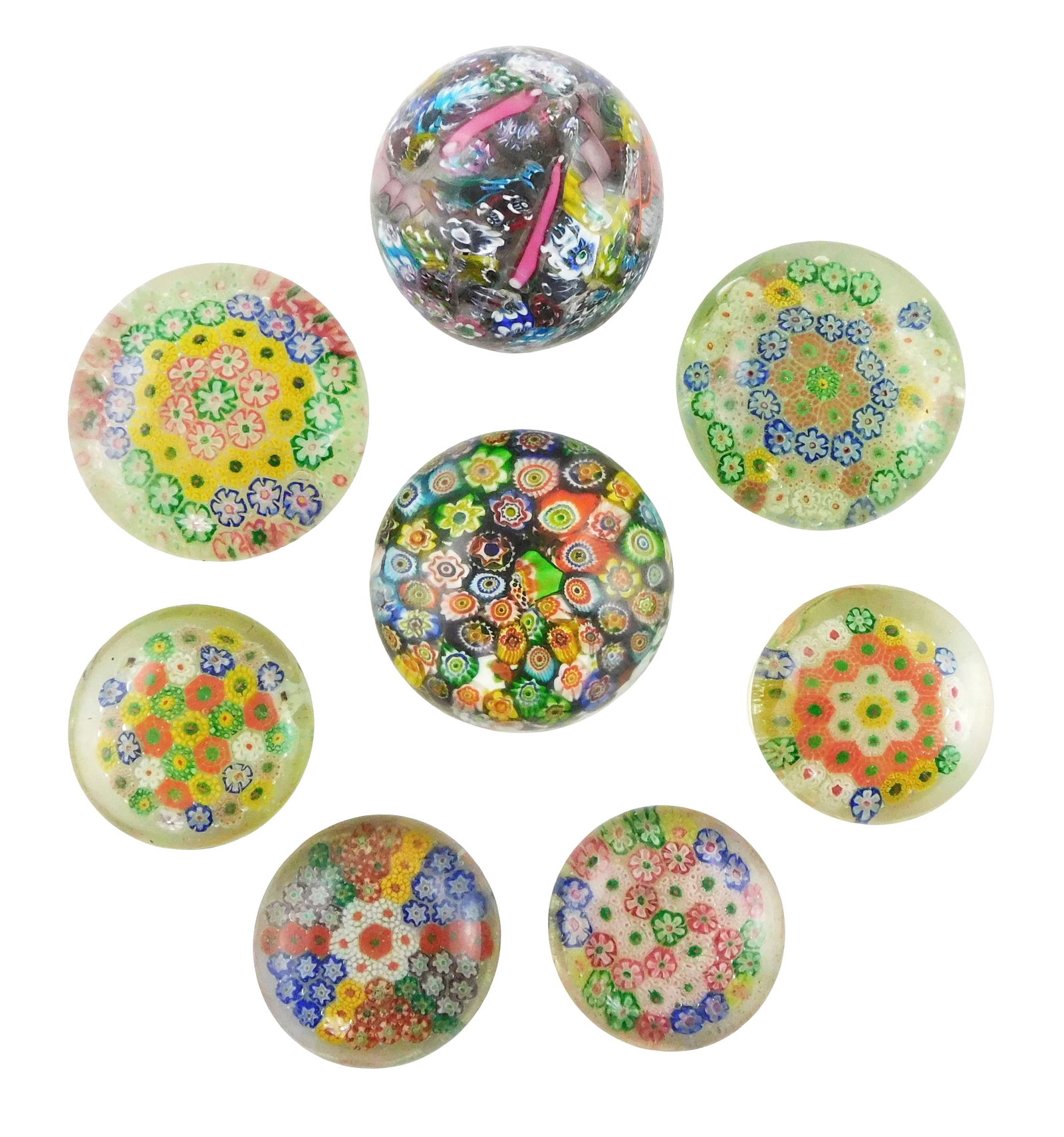 ART GLASS: Eight Italian style paperweights with millefiori cane decoration, no observed makers (1 of 4)