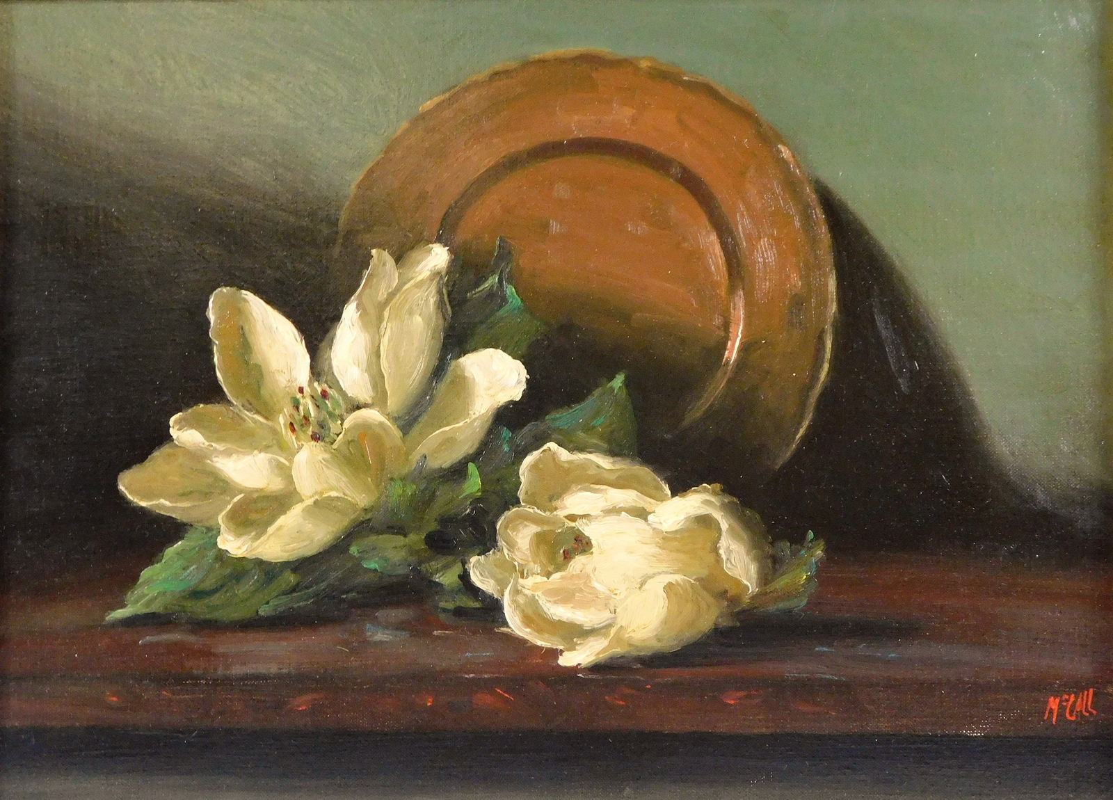 Christopher McCall (American, 20th C.) oil on canvas, still life, white magnolia blossoms on shelf: Christopher McCall (American, 20th C.) oil on canvas, still life, white magnolia blossoms on shelf with charger, signed lower right, gilt frame, condition consistent with age, ss: 11 1/2" h. x 15 1/2"