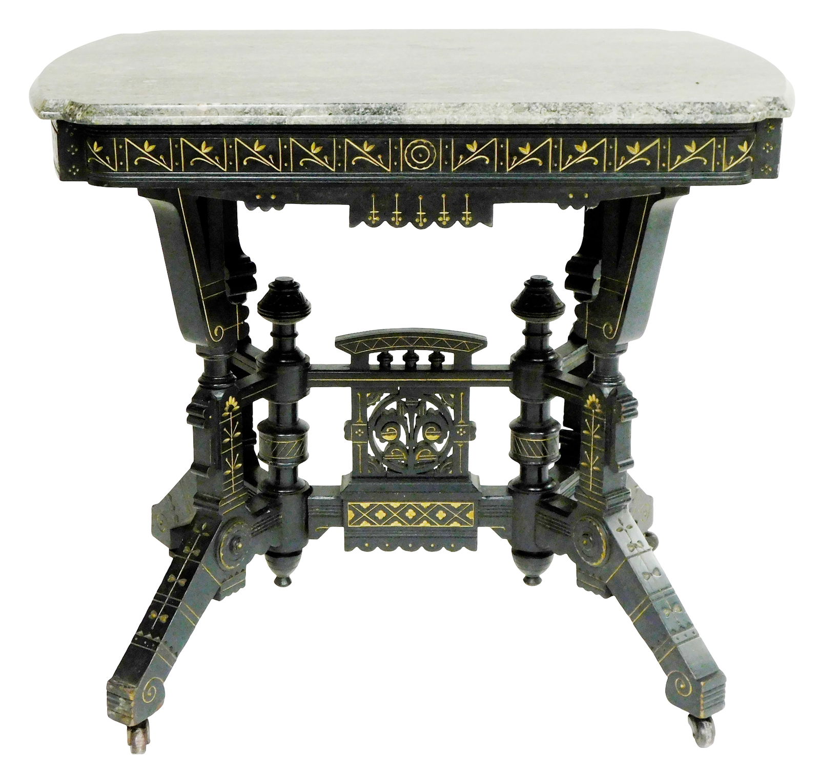 Eastlake marble top side table, late 19th C., gray marble top on black ebonized base, gilt carved (1 of 4)