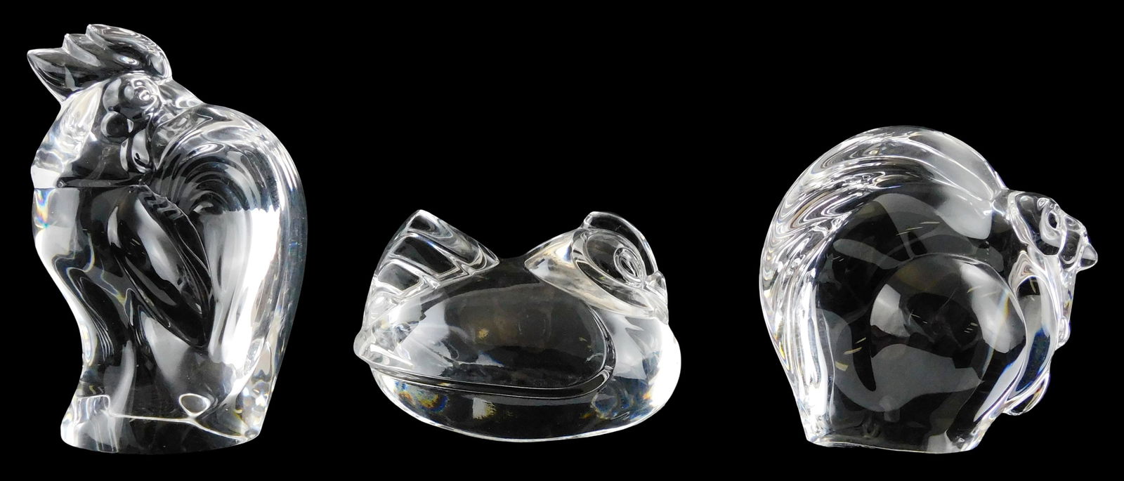 ART GLASS: Three Steuben poultry themed crystal hand coolers, all with signed base, including: (1 of 3)