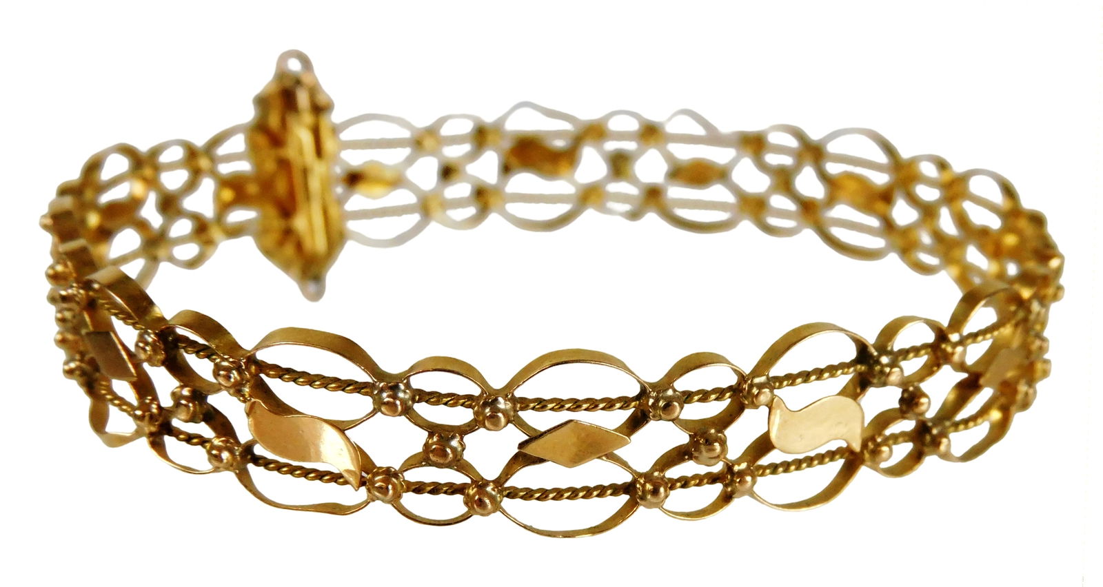 JEWELRY: 18K Bangle bracelet, pierced and flexible design, stamped "18K" and tested, wear consistent (1 of 7)