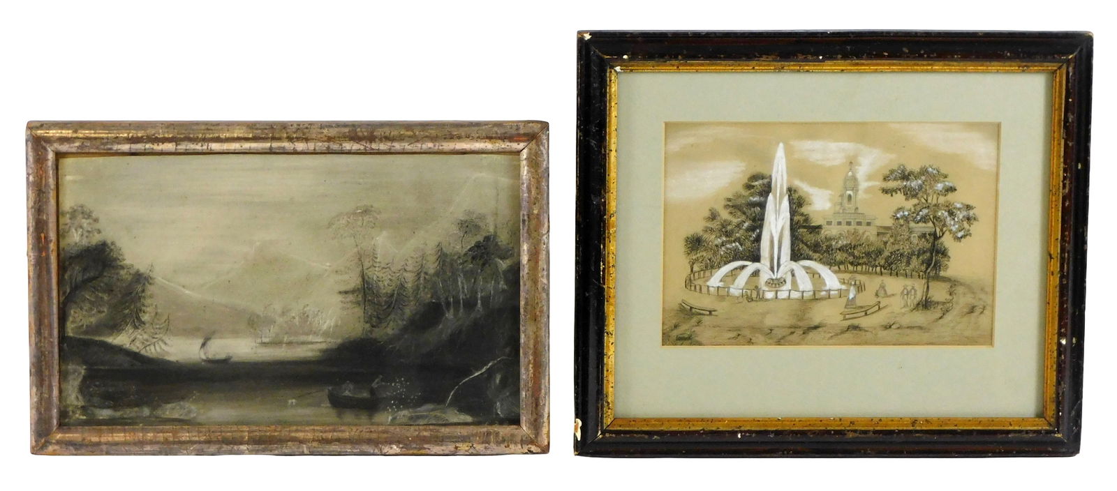 Two 19th C. framed charcoal drawings, “C.F. Brown??, Lake George landscape of lake in mountain: Two 19th C. framed charcoal drawings, “C.F. Brown”, Lake George landscape of lake in mountain range with fishing boat, signature and date partially obstructed by frame lower right, label with