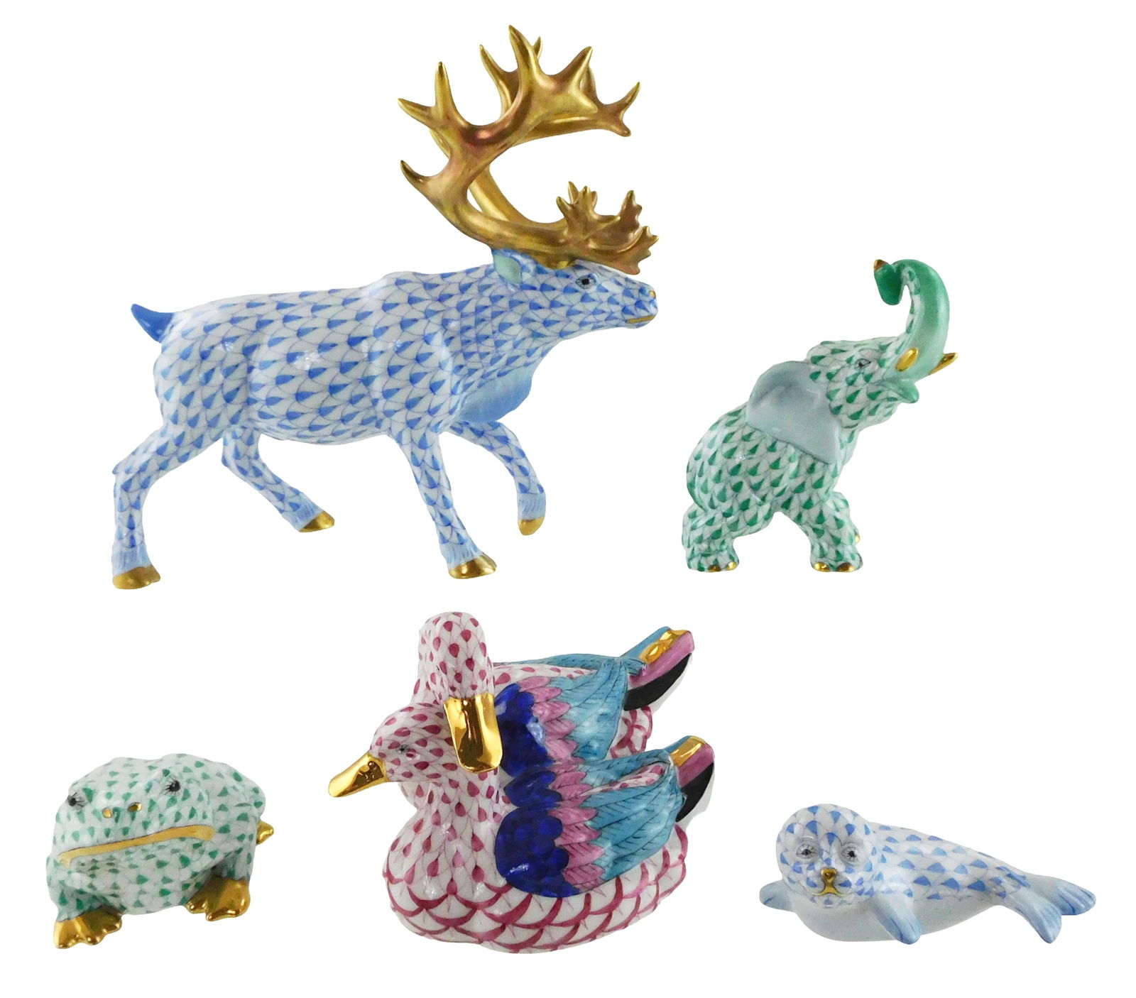 Herend: group of five animal figures, fishnet pattern with gilt accents, including blue stag 15659, (1 of 5)