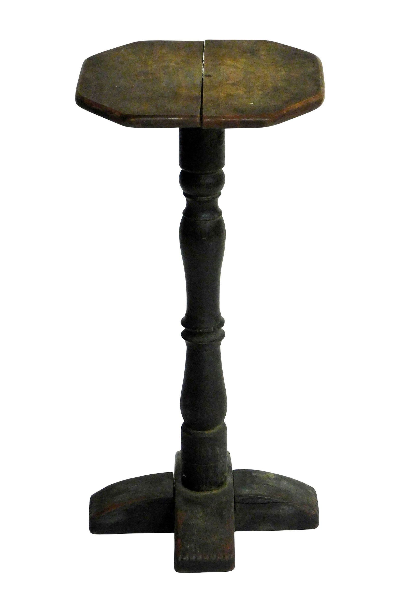 Candlestand, England, oak, poplar, octagon top on vase and spool turned standard, cross chip carved (1 of 3)