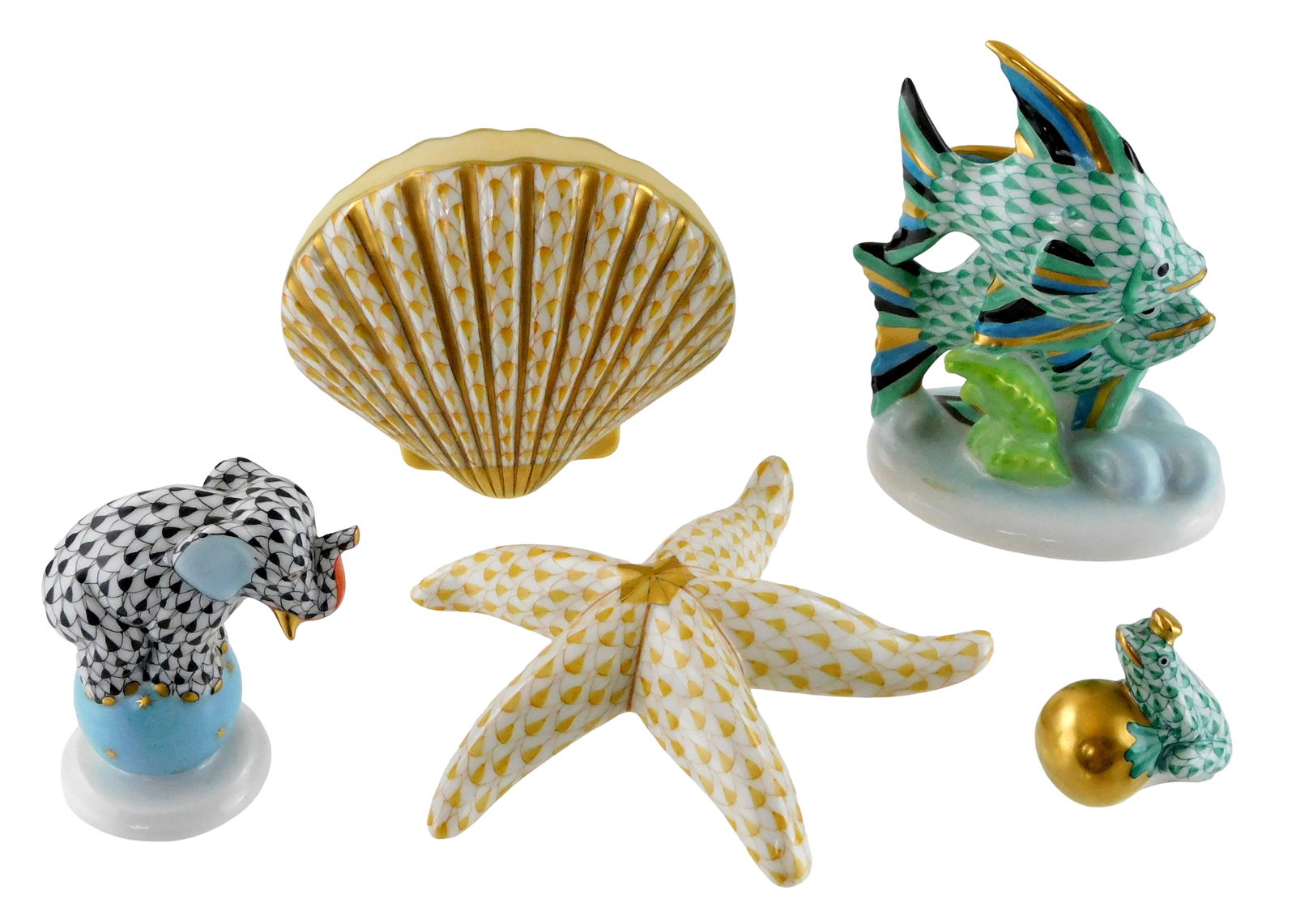 Herend group of five animal figures, all in fishnet and gilt patterns, including: two angelfish (1 of 4)