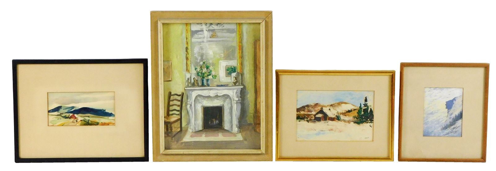 Four 20th C. framed works on paper, including: watercolor, interior living room fireplace scene,: Four 20th C. framed works on paper, including: watercolor, interior living room fireplace scene, signed “Z.V. Mathews” lower right, ss: 11” h. x 8 ¼” w.; acrylic, snowy land