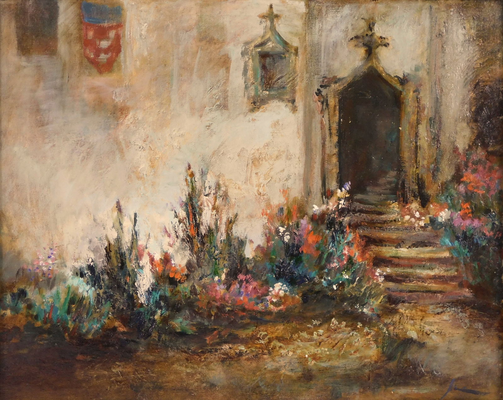 Oil on canvas, 20th C., provincial scene, flowers near building, signature lower right, inscription: Oil on canvas, 20th C., provincial scene, flowers near building, signature lower right, inscription verso "Jardin en Bourgogne", gilt frame, condition consistent with age, ss: 15 1/2" x 19 1/2".