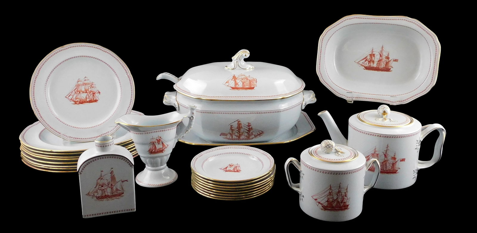 Spode "Trade Winds" tableware, English, 20th C., stoneware, red sailing ship designs, maker’s mark: Spode "Trade Winds" tableware, English, 20th C., stoneware, red sailing ship designs, maker’s mark verso, thirty-two pieces including: eight side plates, 5 7/8” diam.; eight dinner sized plate