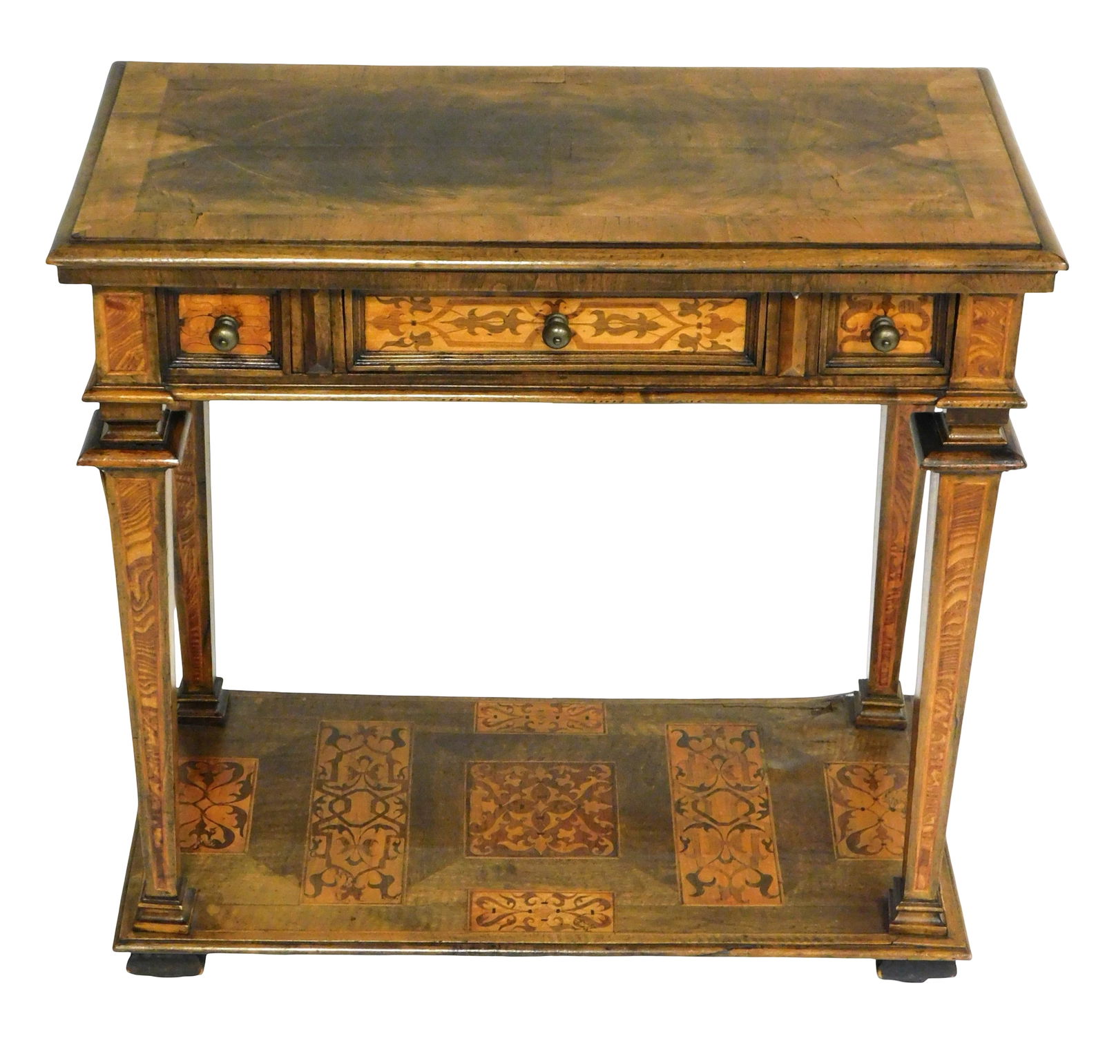 Italian inlaid marquetry console table, 19th-20th C., three drawers over four tapering square legs (1 of 8)