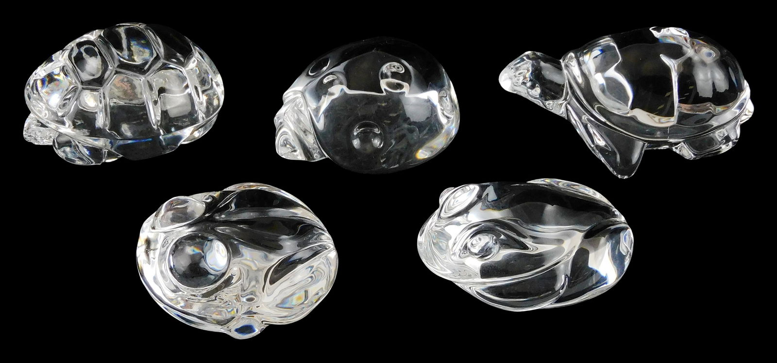 ART GLASS: Five Steuben crystal hand coolers, frogs, turtles and ladybug, all with signed base, (1 of 4)