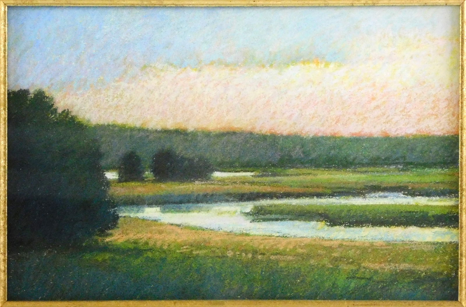 Sandy Wadlington (American, 20th C.) pastel landscape, depicting a marsh with pink sky beyond,: Sandy Wadlington (American, 20th C.) pastel landscape, depicting a marsh with pink sky beyond, signed and dated 1993 lower right, double matted with linen and gilt filet, behind glass, gilt frame, not