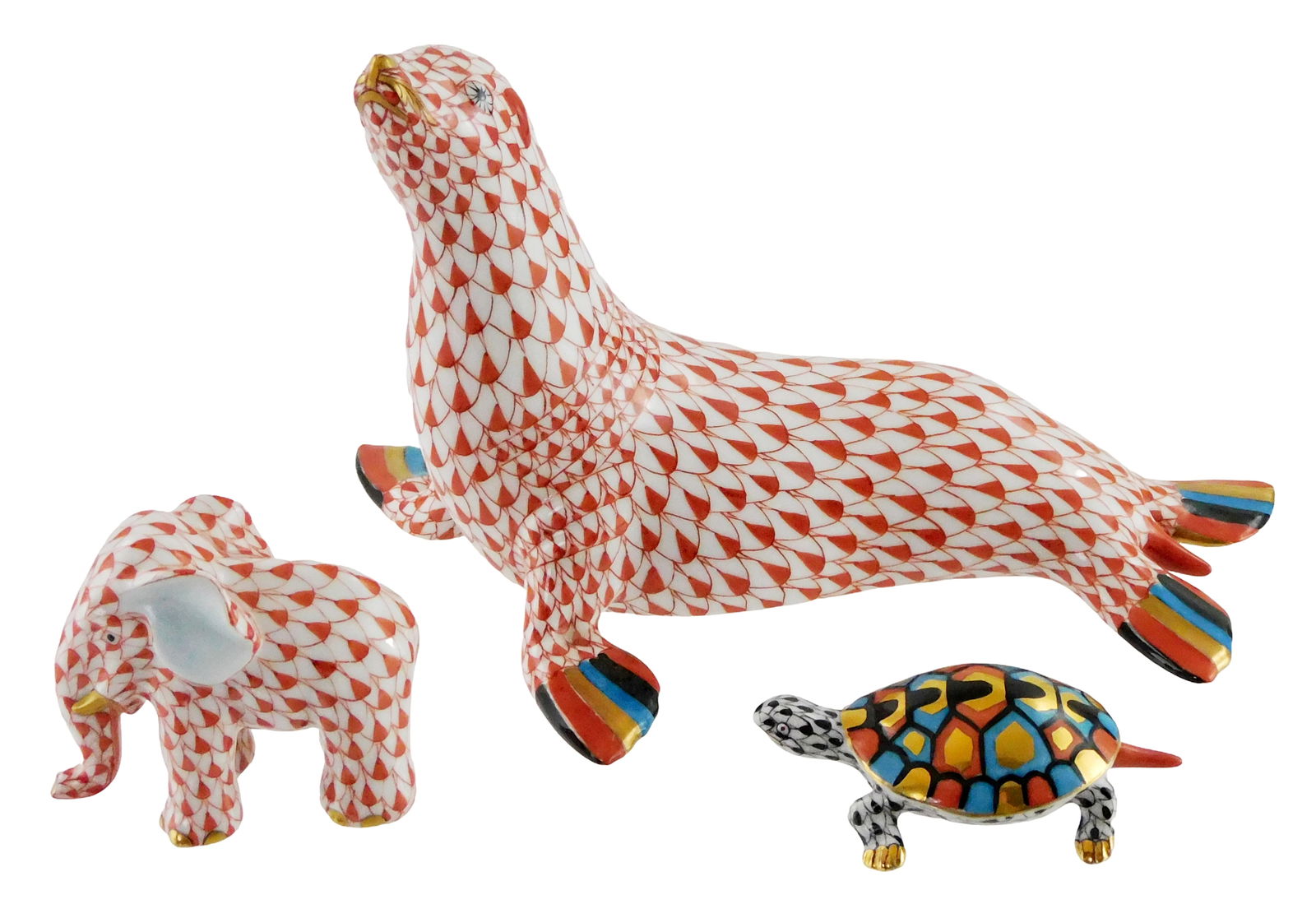 Herend hand-painted porcelain animal figurines, three pieces, all with red and black fishnet pattern (1 of 4)