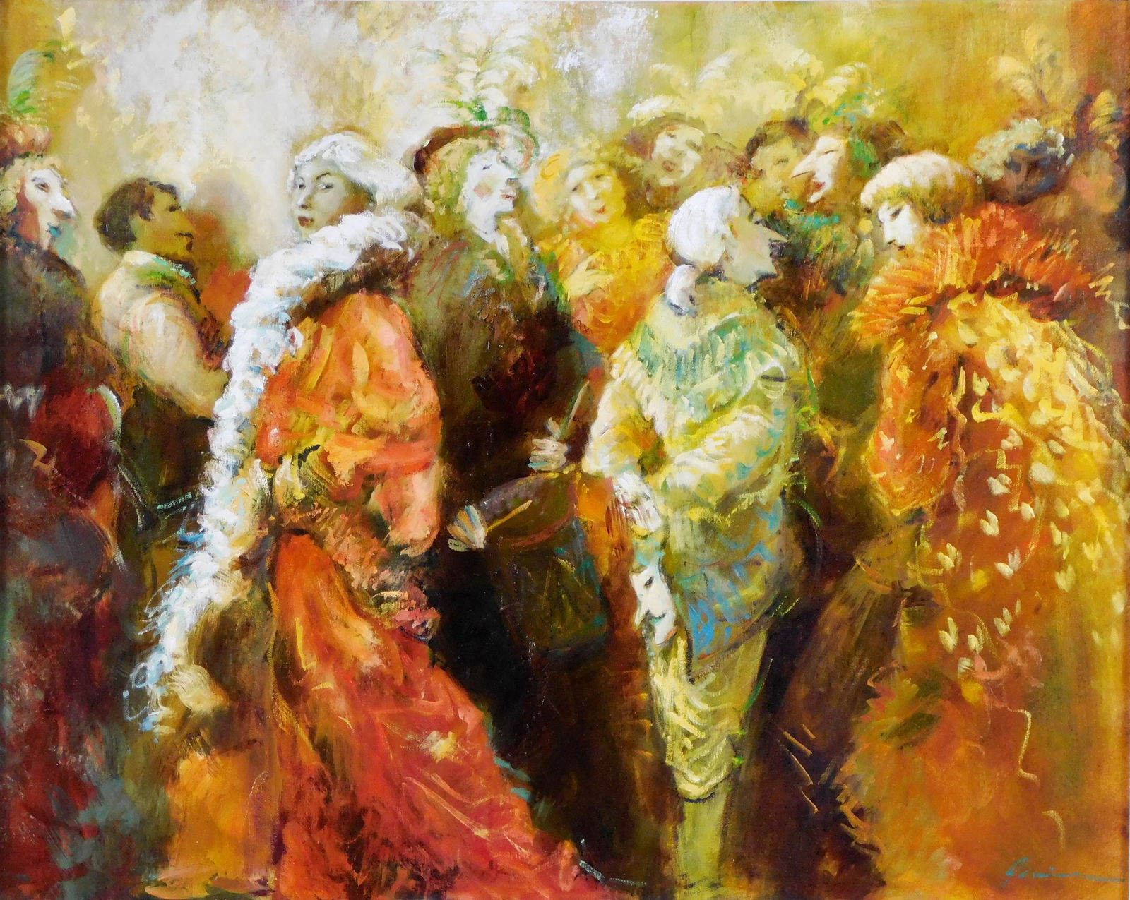 "Carnivale", 20th C. oil on canvas, Italian genre featuring masked and costumed figures, indistinct: "Carnivale", 20th C. oil on canvas, Italian genre featuring masked and costumed figures, indistinct signature lower right, gilt frame, condition consistent with age, ss: 23 1/2" x 29 1/2".