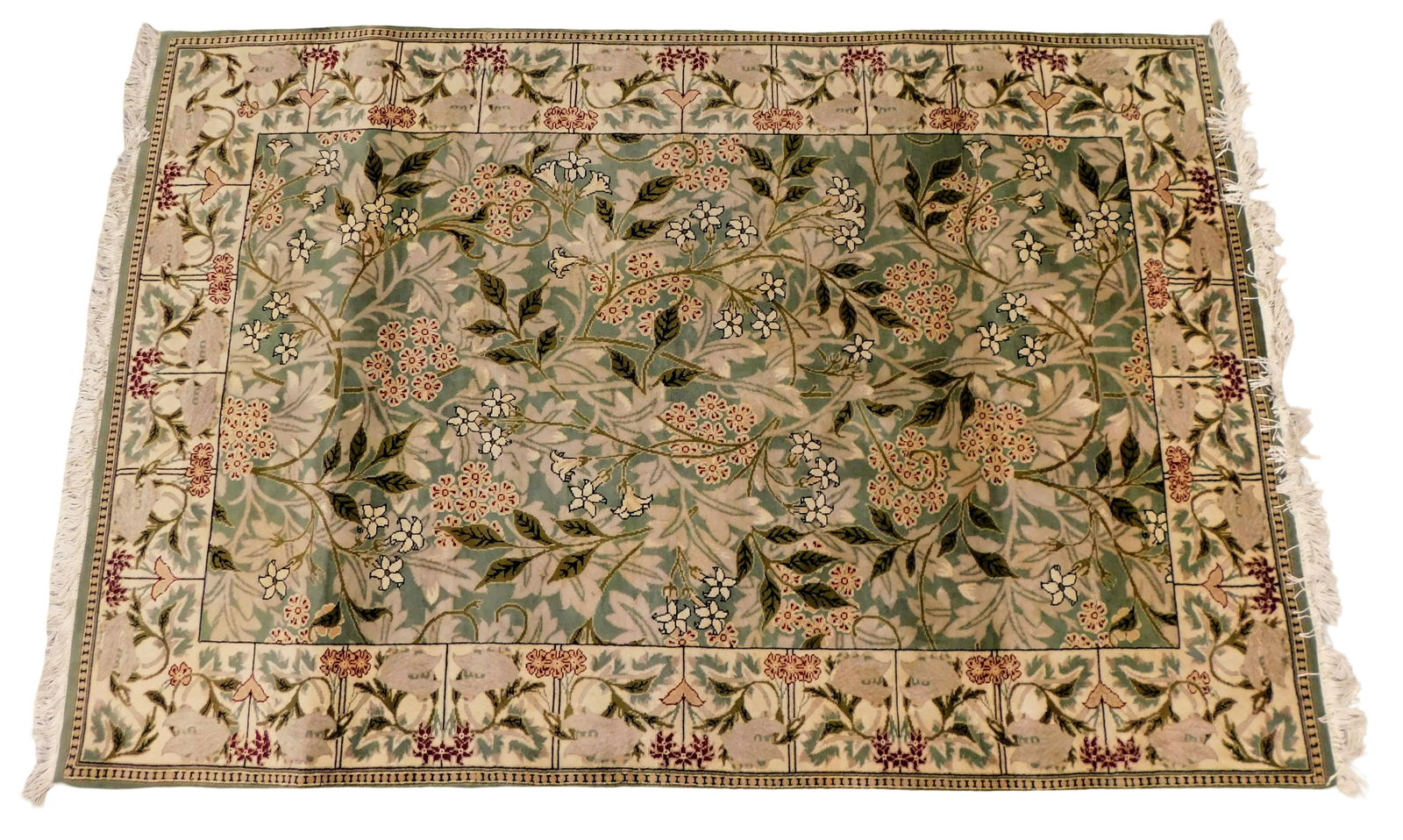 RUG: Art Deco style carpet, 5' x 7', wool on cotton, stylized floral design, wear consistent with (1 of 3)