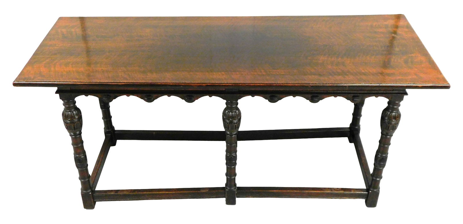 Jacobean style refectory table, six turned and carved legs, box stretcher, carved and shaped apron, (1 of 9)